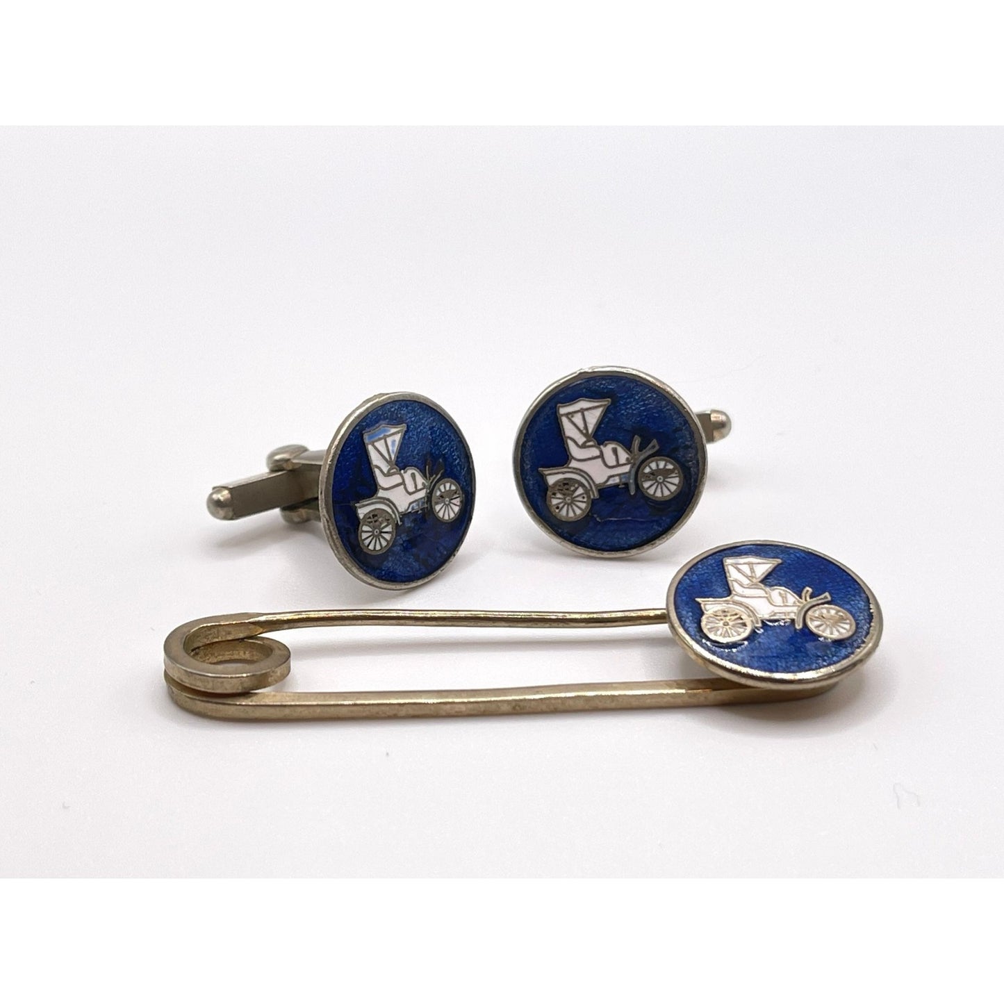 Vtg Model T Blue and White Enamel Tie Clip Pin & Model T Blue and White Enamel Cufflinks Silver Tone 3 Piece Set