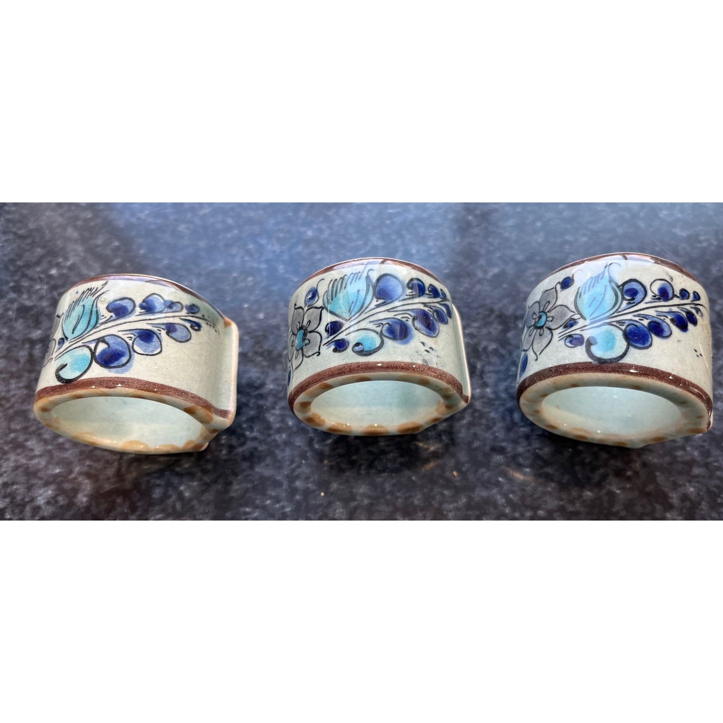 Vtg Three 15 CAT MEX Mexico Ceramic Handmade Napkin Rings 347 Meant To Stand Up Intricate Floral Design Blues Gray Brown