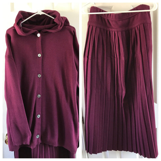 Vtg 1980's J. Peterman 2 Piece Suite Full Top With Hood Maxi Pleated Skirt Burgundy Large 100% Cotton Long Sleeves