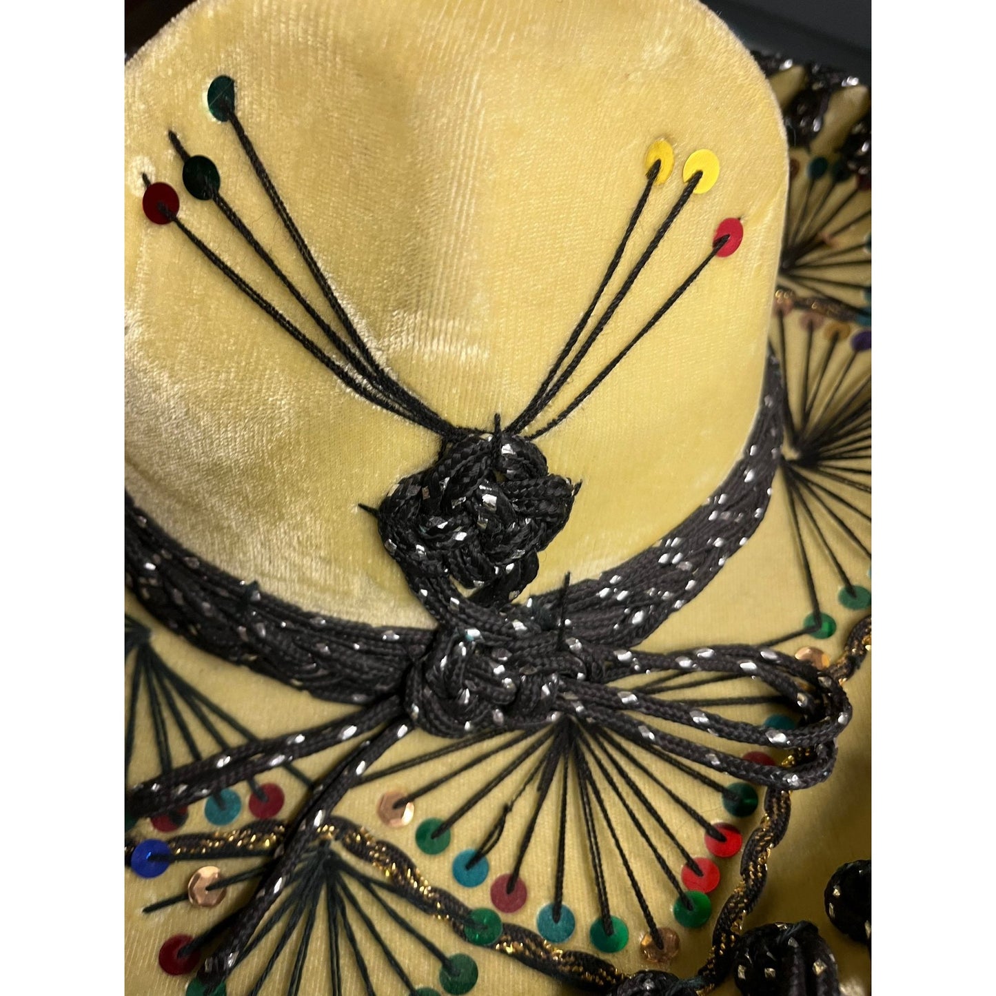 Vtg Pigalle XXXXX Mustard & Black Embroidered Mexican Sombrero Sequined Black String Turquoise Lining