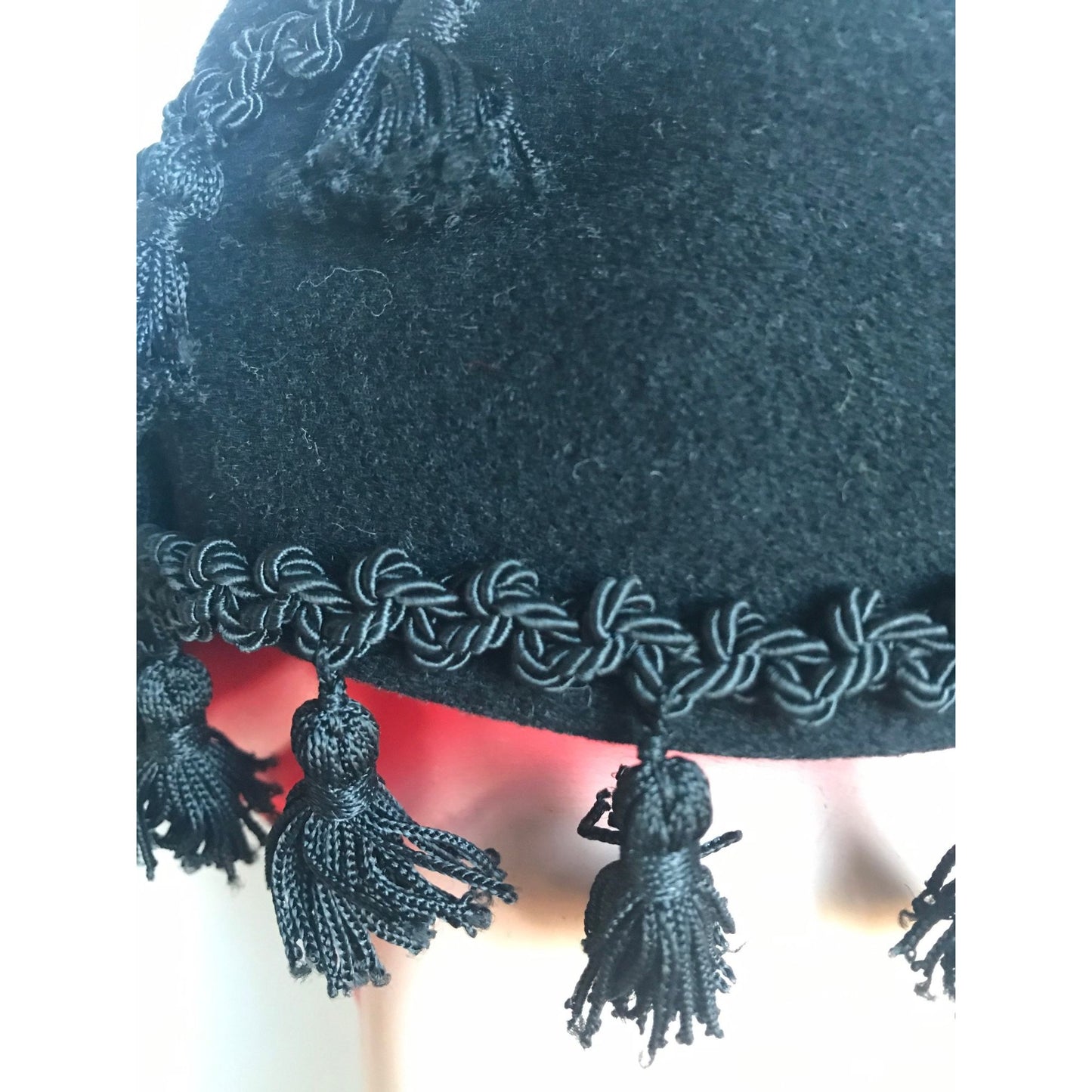 Vtg 1950's Henry Pollak, Inc. Glencove 100% Wool Black Woven Brick Brack Tassel Hat Size S/M