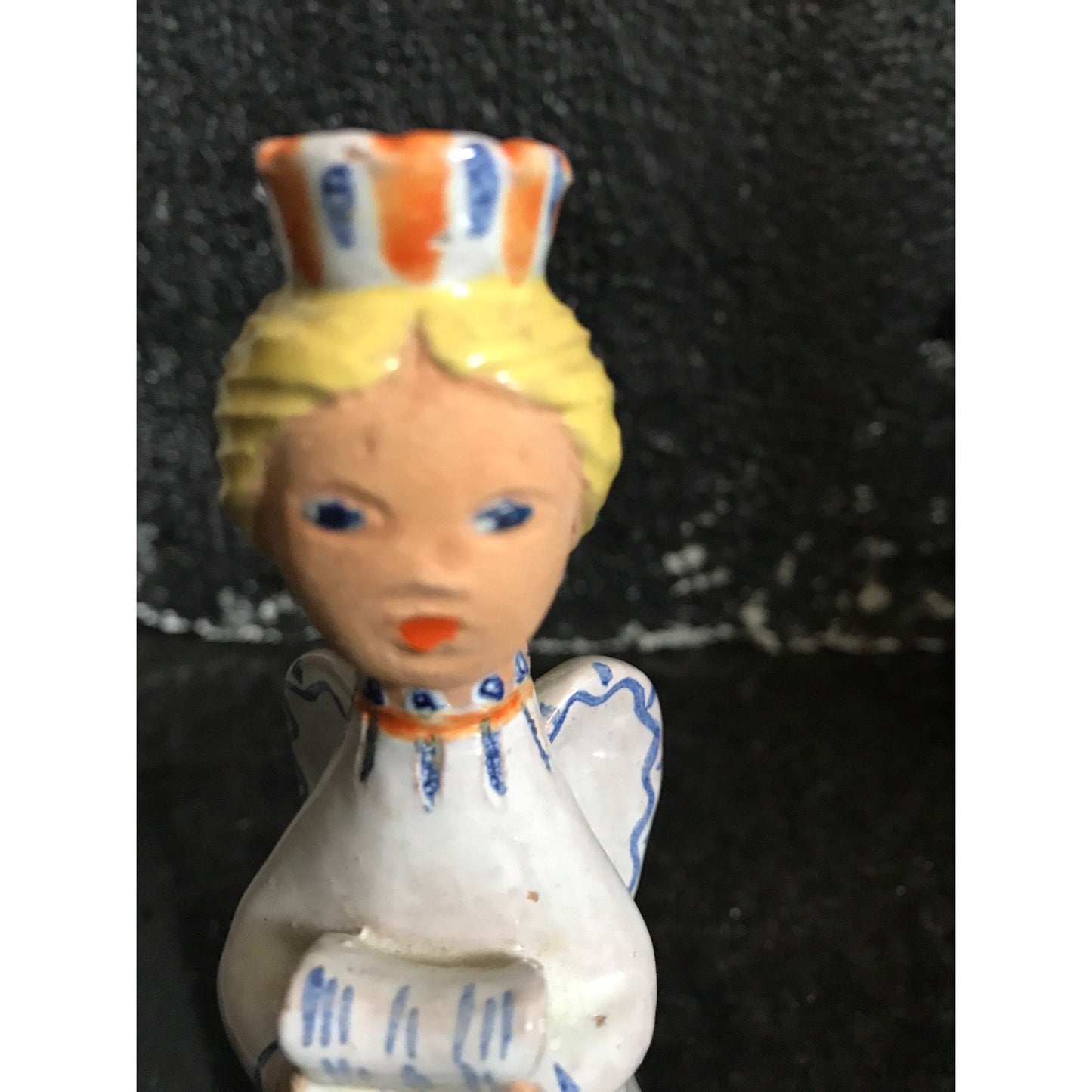 Vtg Hungarian Candle Holder Folkloric Ceramic Hand Painted Angel Miniature Taper Candle Signed By Artist