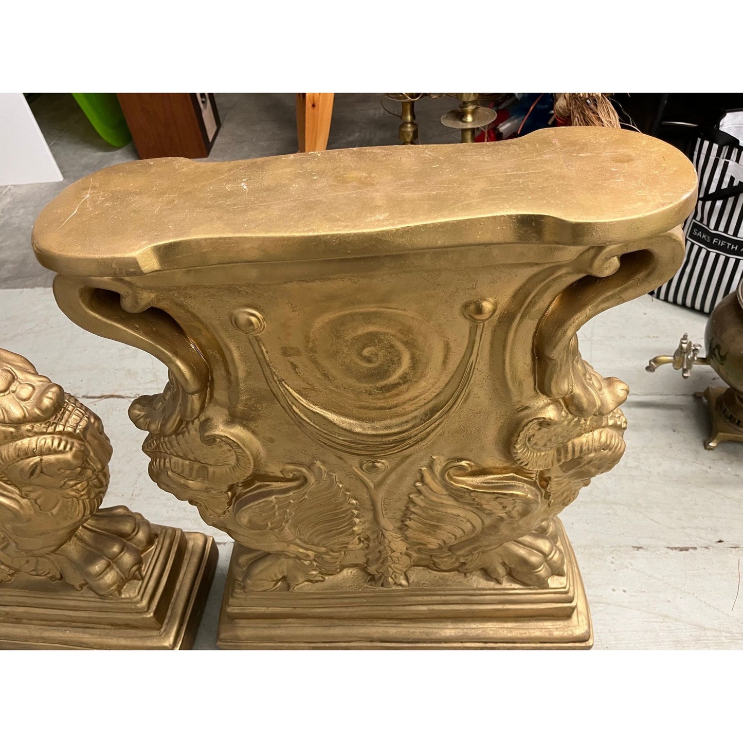 Vintage Mid 20th Century Plaster Gold Leaf Flying Gryphon Ornate Pedestals For Dining Table Base