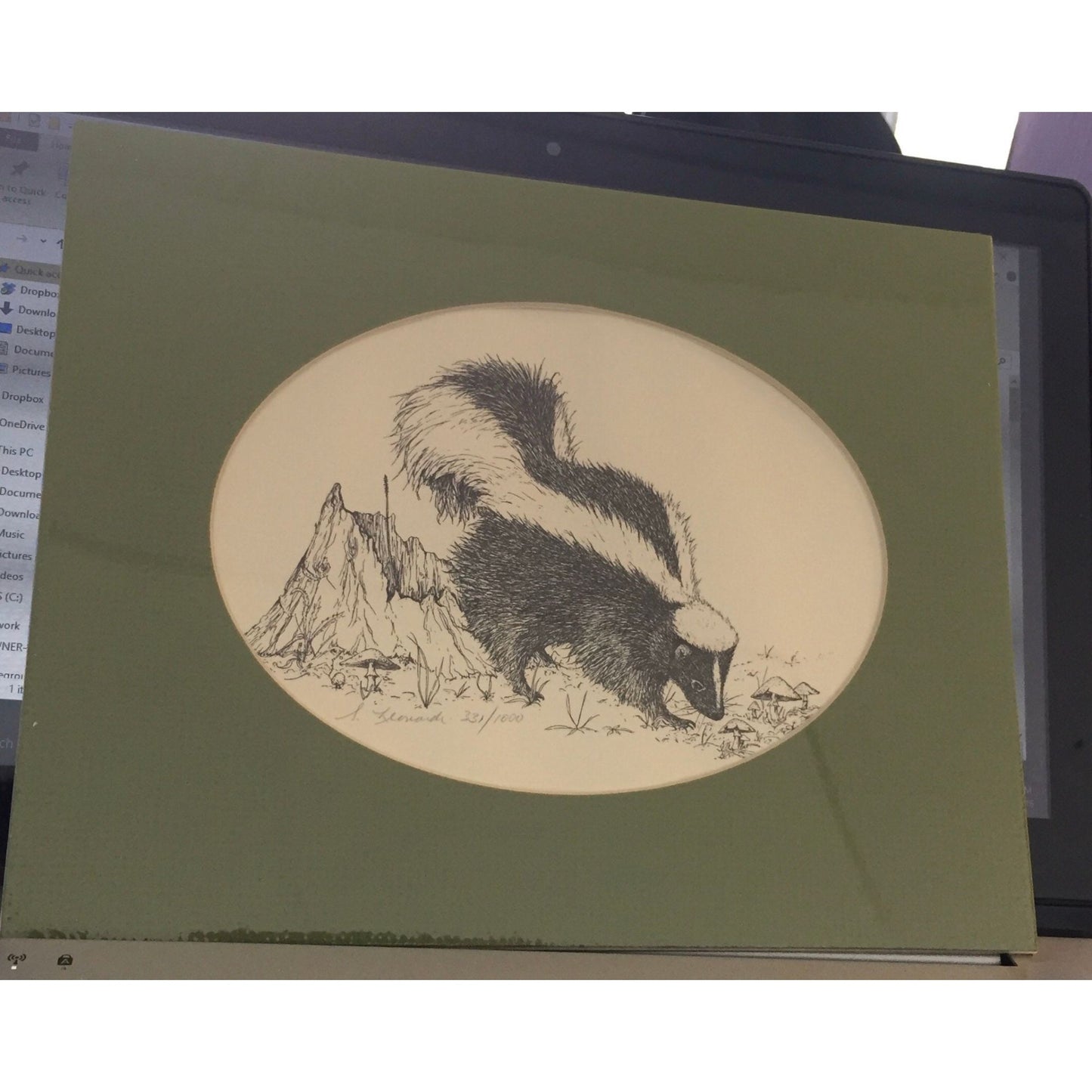 Vintage Steve Leonardi "Skunk & Mushrooms" Wildlife Lithograph Signed In Pencil 331/1000