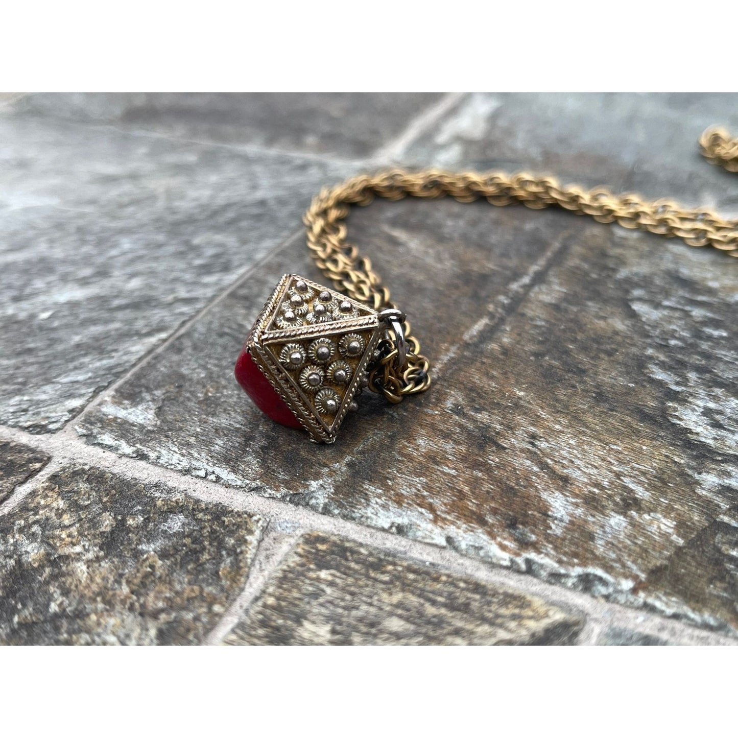 Vtg 1960's Italian Handmade Filigree Semi Precious Red Stone Pendant Square Charm Necklace