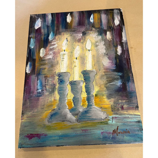 Handmade Fine Art Titled " Shabbat Candles" Hand Signed By Local Artist Moussia Acrylic On Canvas 16" x 12"