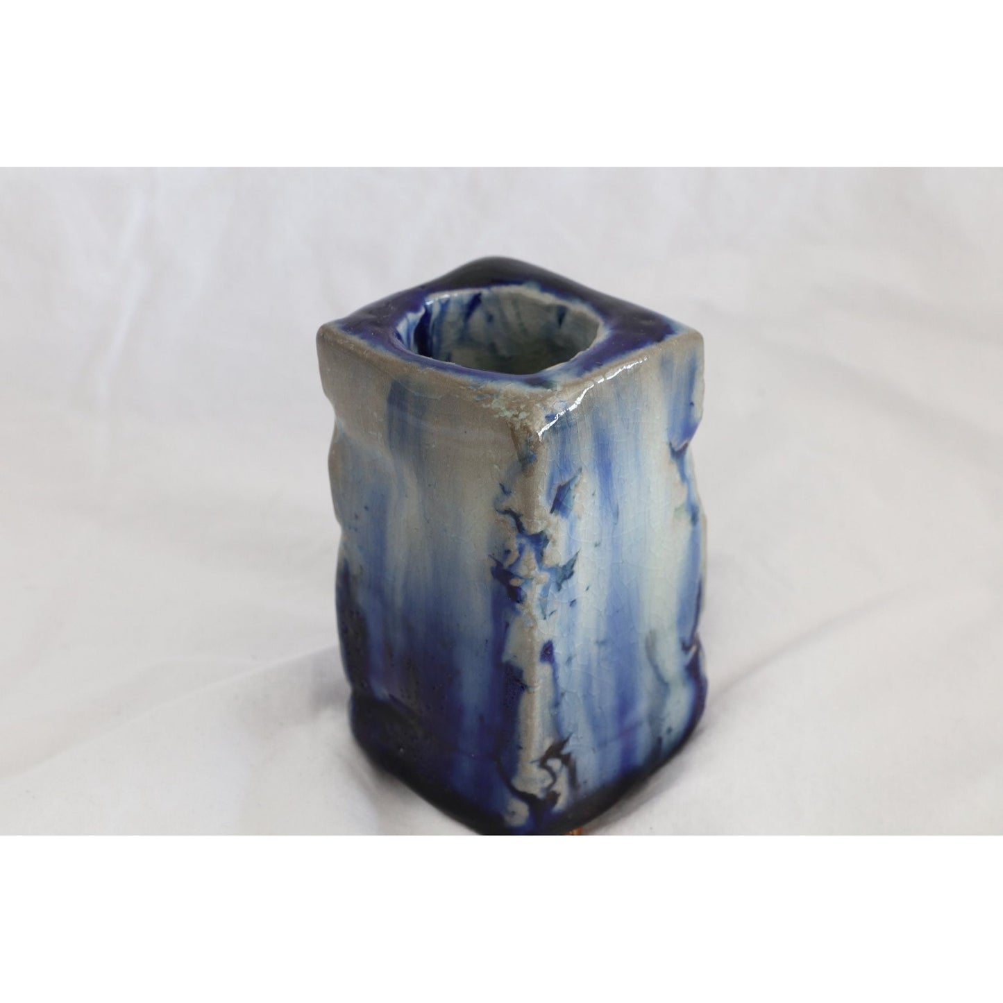 Vtg Handmade 1980's Cobalt Blue Ceramic Vase Pencil Pen Holder Heavily Glazed In And Out 3" One Of A Kind