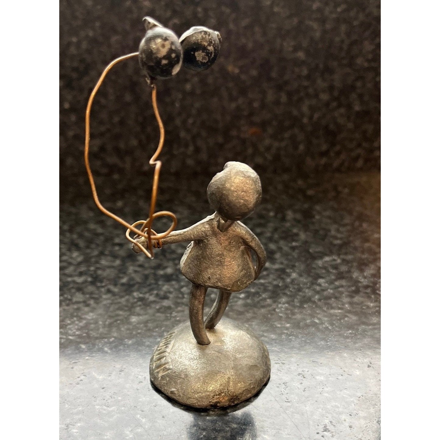 Vintage Pewter People By Hunter Sculpture Art Figurine Girl With Two Balloons 4"