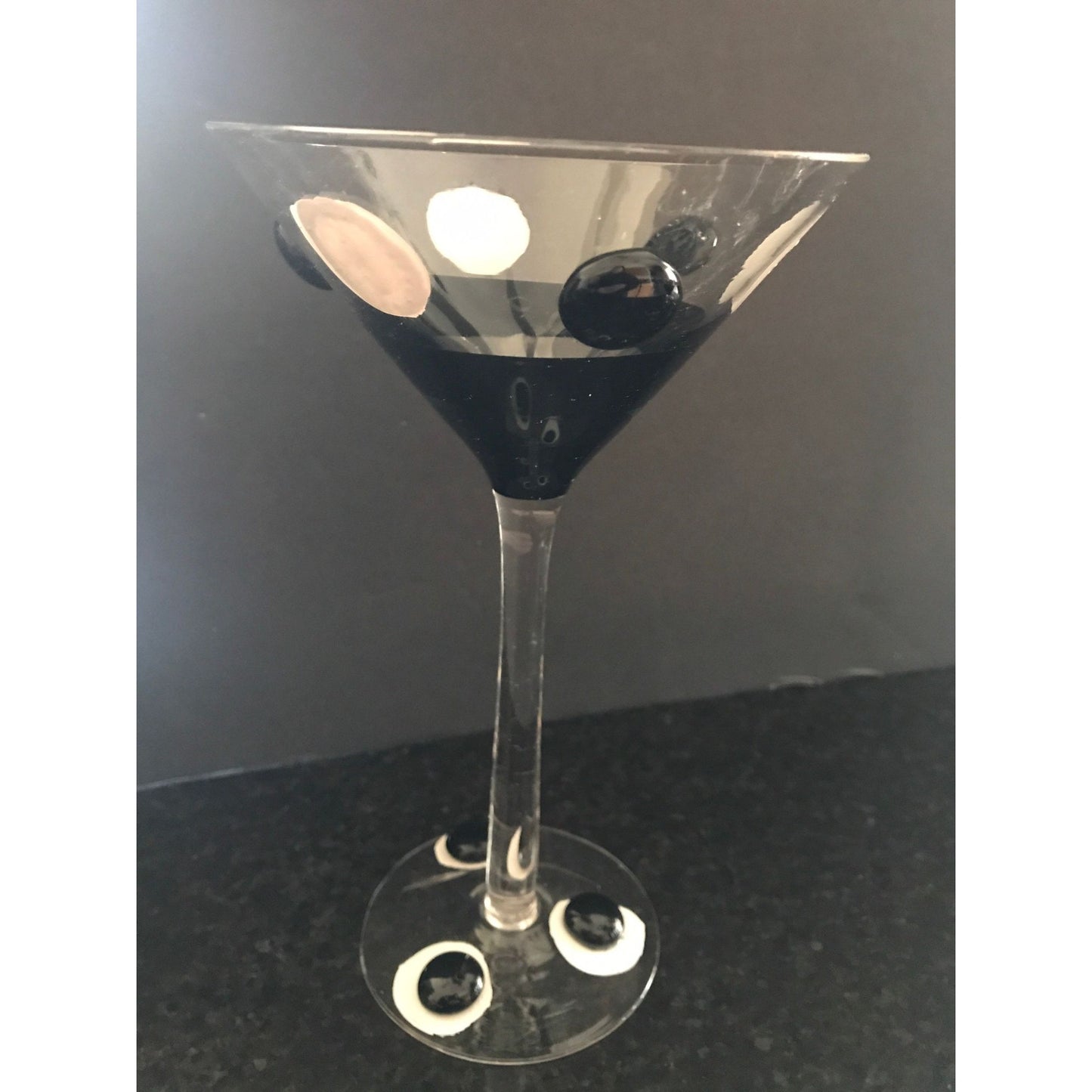 Vintage Handmade Black White Pop Art Set Of 6 Martini Glasses Holds 4 ozs. Art Glass One Of A Kind