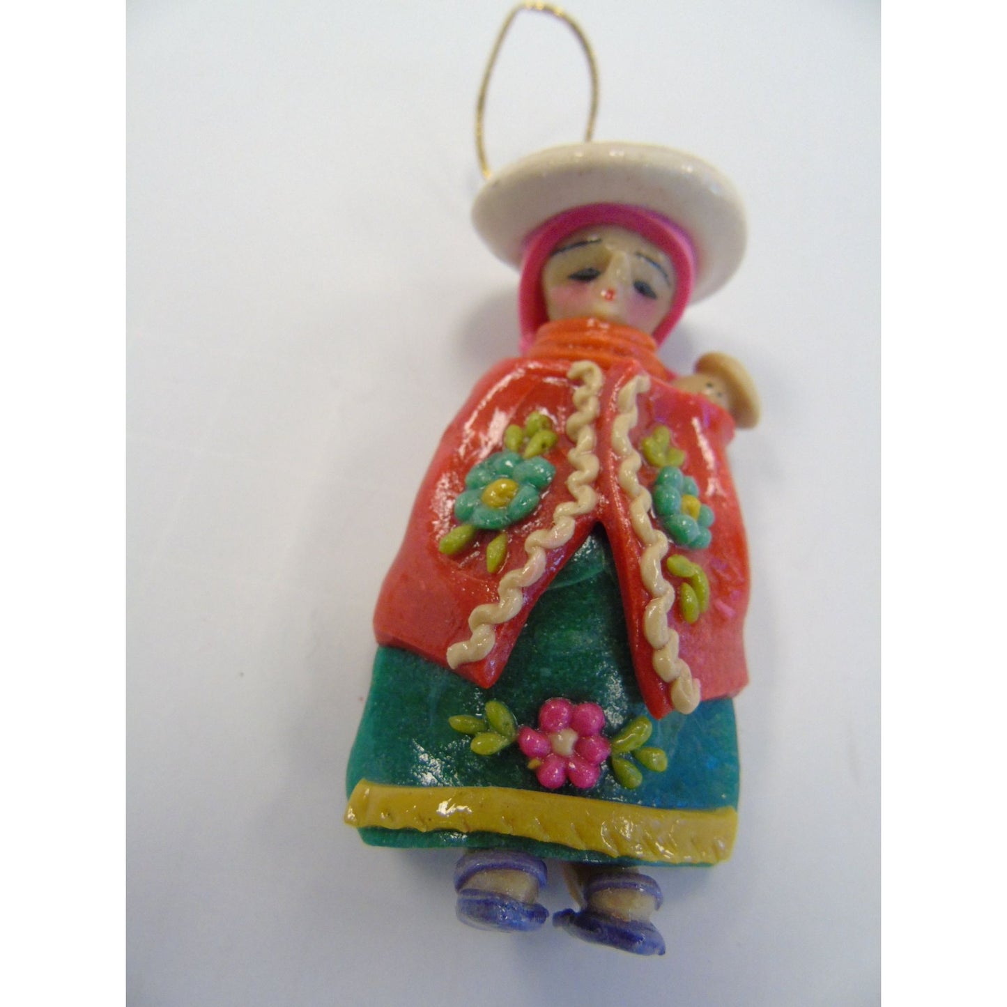 Vintage 2 Handmade Salt Dough Christmas Ornaments Sweet Pig & Peruvian Woman With Baby