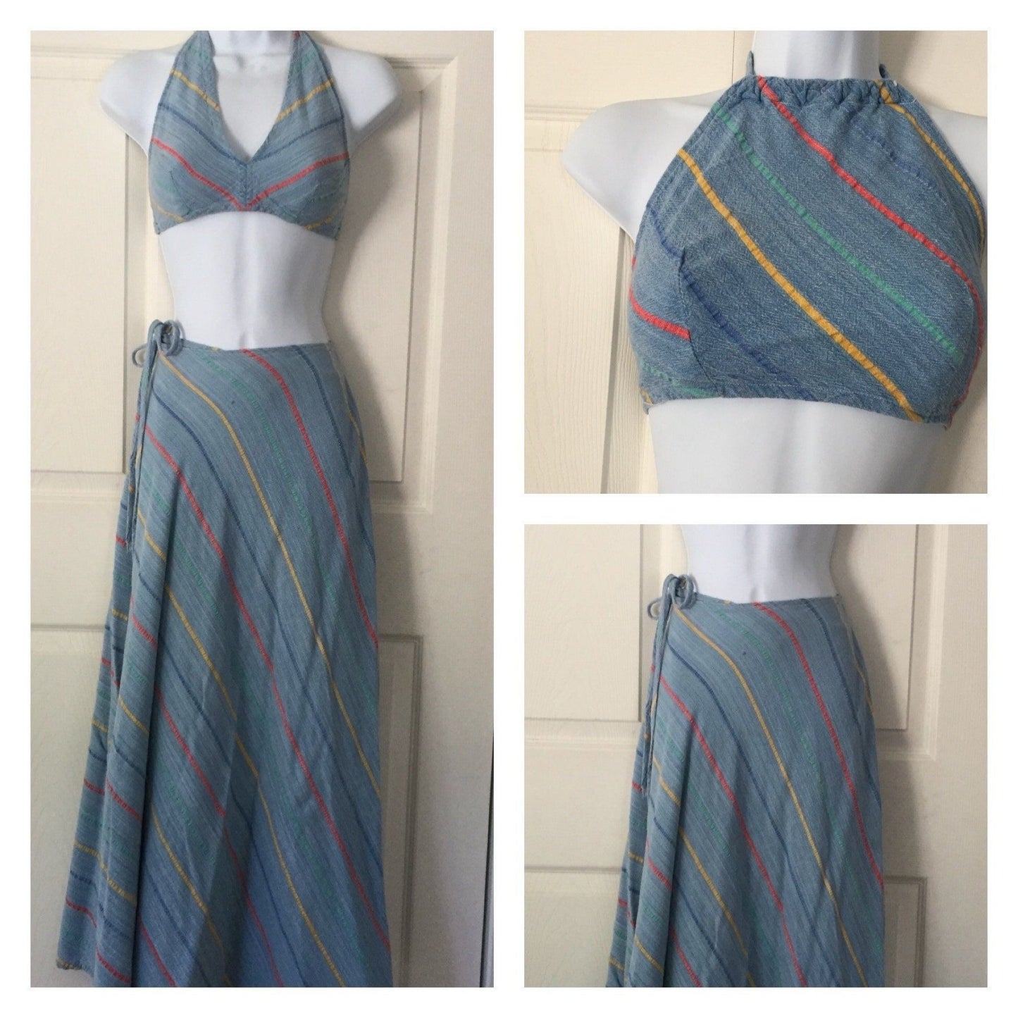 Vtg 1973  Mykonos Greece Handmade Hand Dyed Wide Maxi Swing Wrap Around Skirt With Two Matching Halter Tops Size S Blue With Stripes