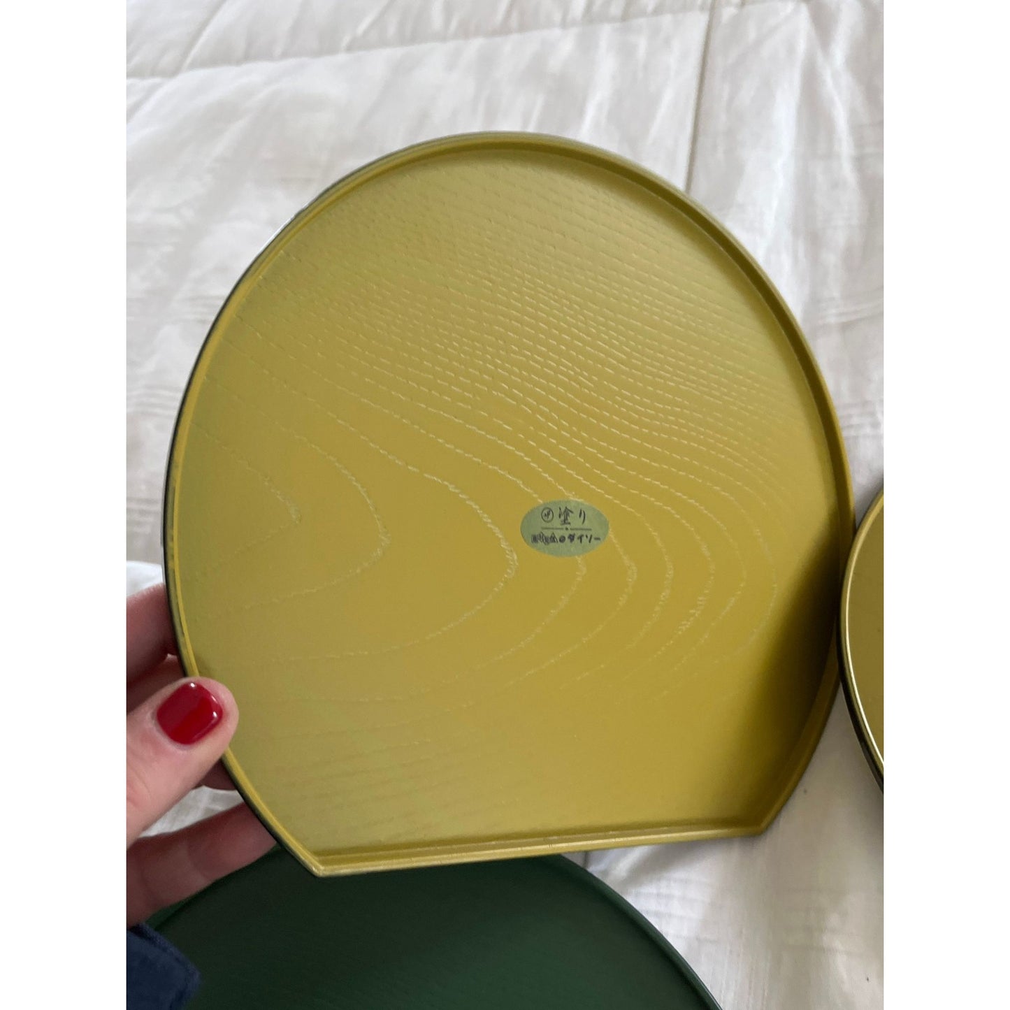 Vtg Japanese 1990's Gold Daiso Set Of 6 Half Moon Urethane Trays 20.5 cm Mustard Green Rust New With Tags Made In Japan