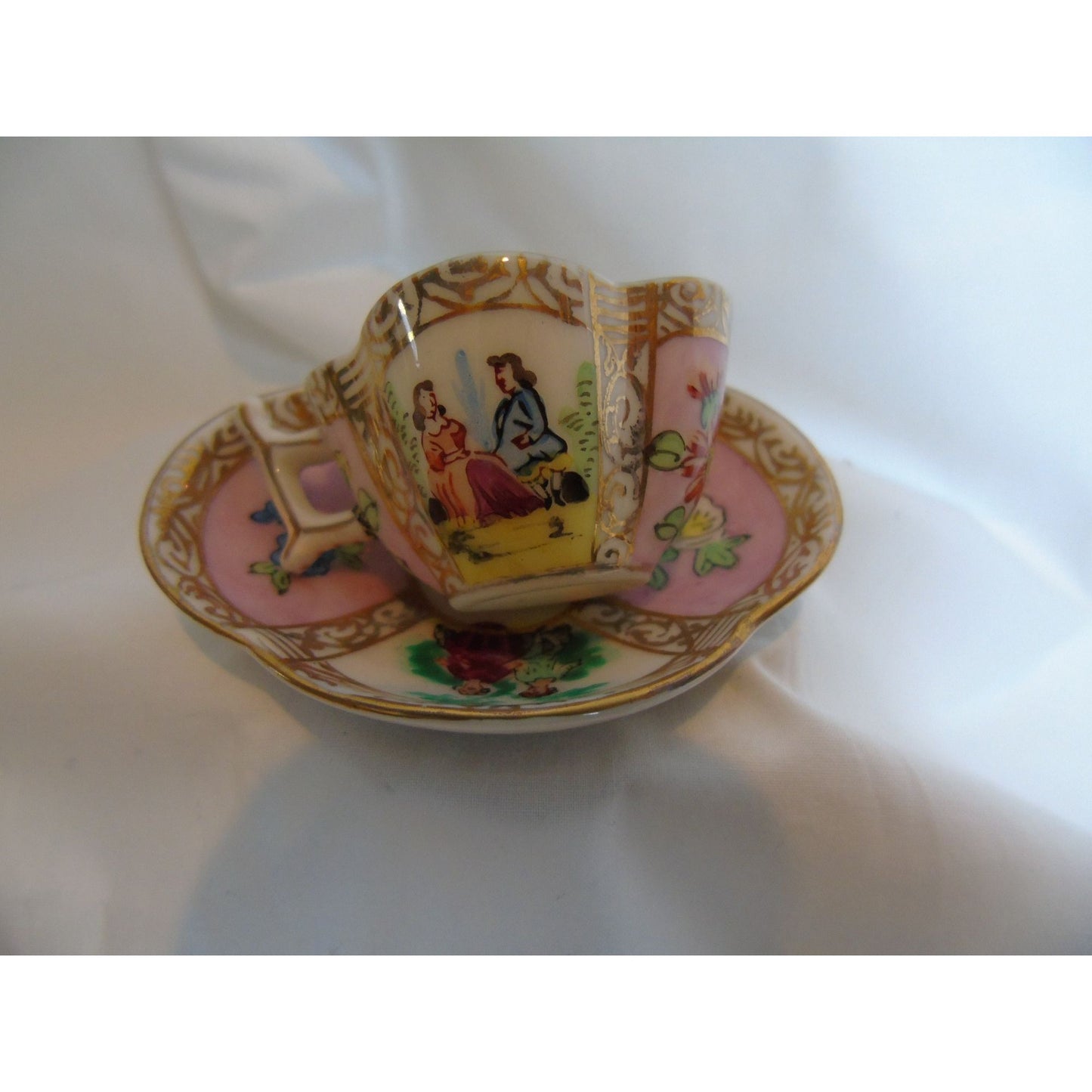 Vintage Dresden Style Hokutosha Occupied Japan Hand Painted Pink Courting Couple Cup & Saucer