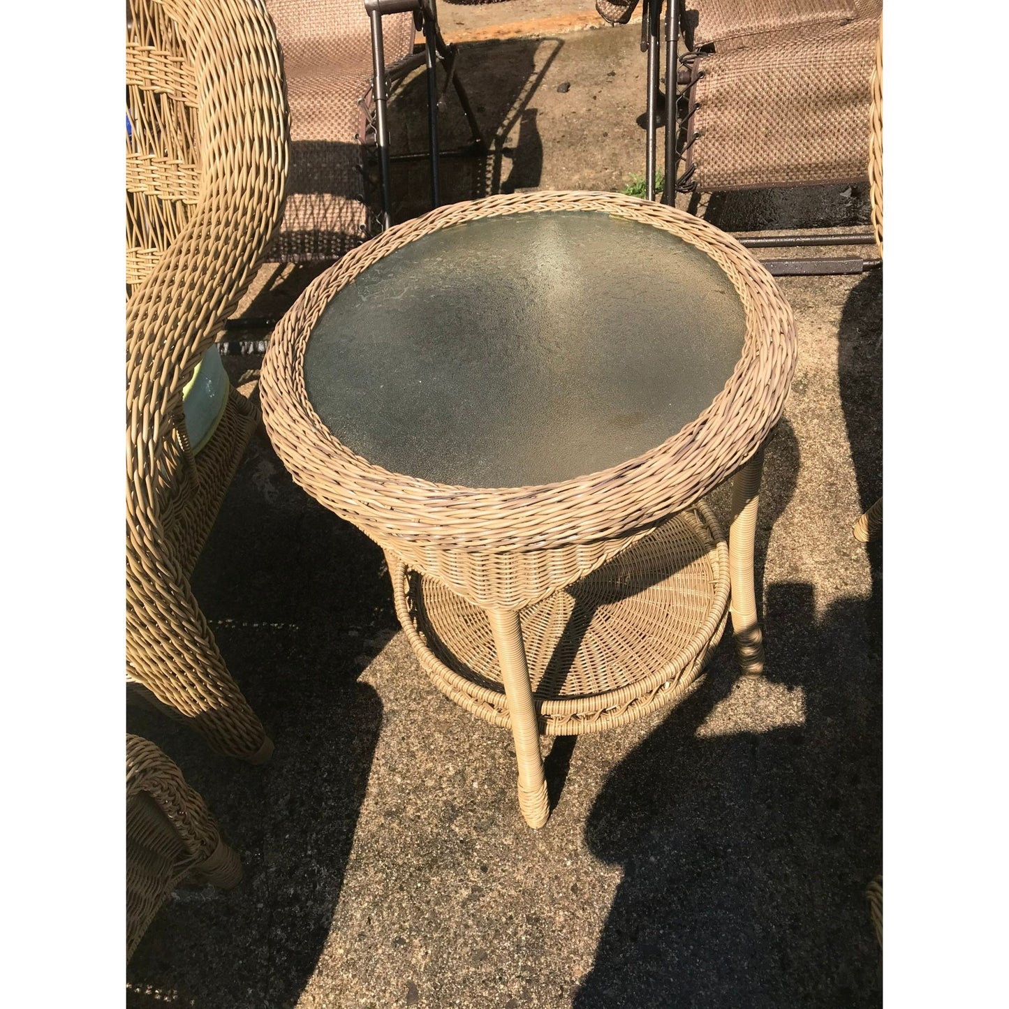 Vintage 5 Piece Rattan Patio Set With Cushions By Grand Basket Company 2 Arm Chairs 2 Ottomans 1 Table & Cushions