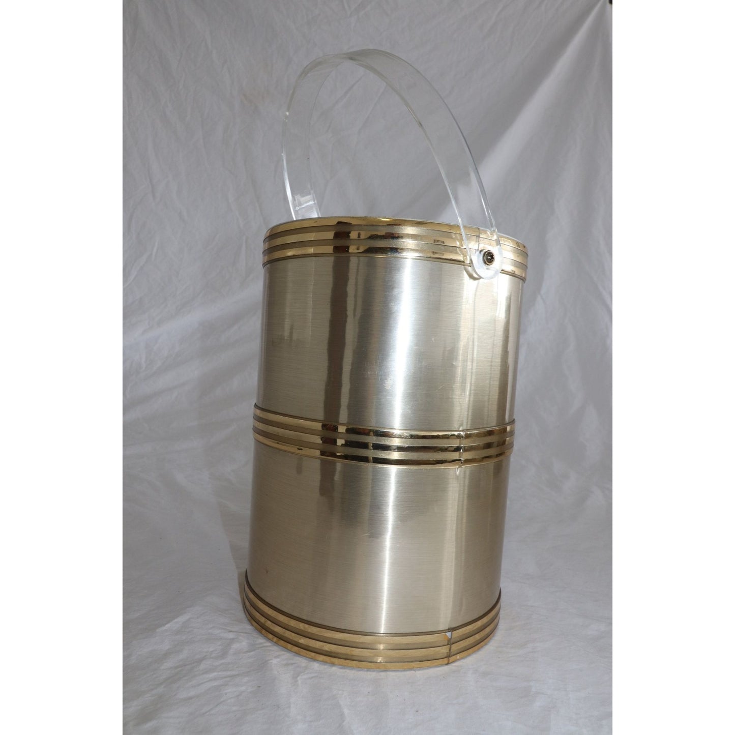 Vintage 1950's Ice Bucket, Saks Fifth Avenue, Gold Tone With Acrylic Lid Handle, Mid Century