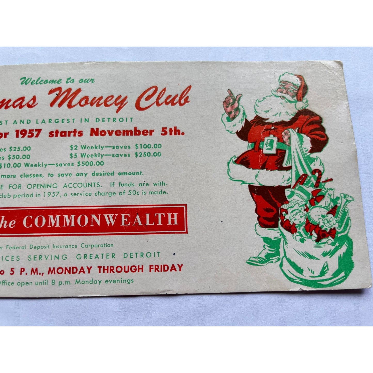 Vtg 1957 Christmas Money Club Card Oldest And Largest In Detroit Bank Of The Commonwealth Enrollment For 1957 Starts November 5th