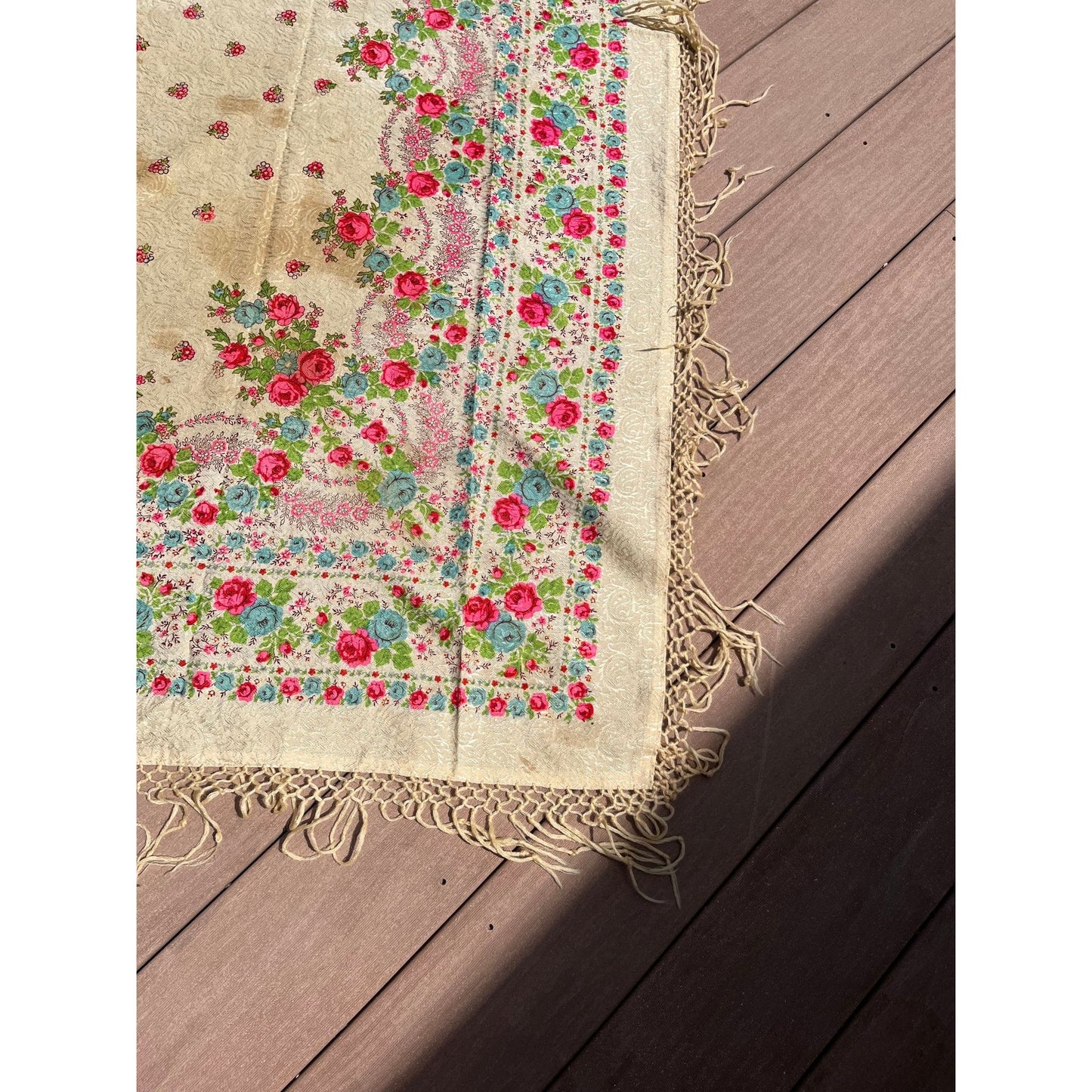 Antique 1909 Romanian Textile Art Wool Floral Shawl Hand Tied Fringe Floral Pattern Ivory Pinks Blues 128" x 43"