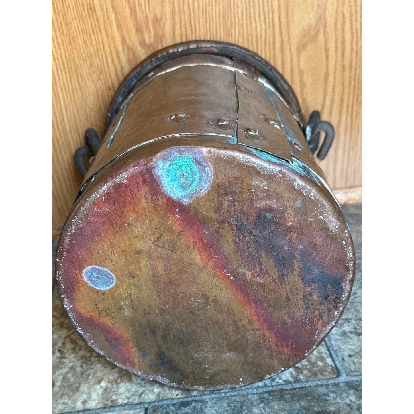 19th Century Copper Firewood Bucket Cauldron With Handle 11 1/4" Tall