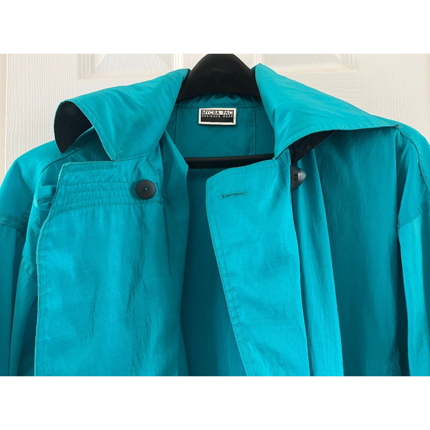 Vtg MYCRA PAC Designer Wear Raincoat Coat Hooded Turquoise & Black Teflon Fabric Protector San Francisco Size 7