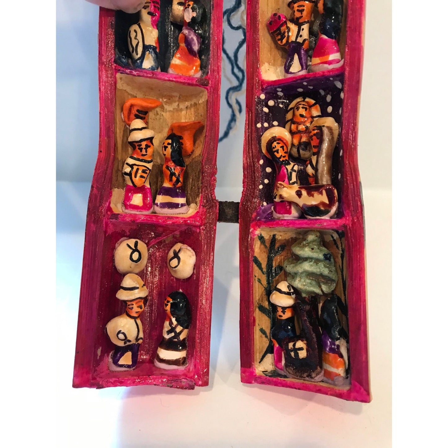 Vtg Peru Retablo Diorama Peruvian Folk Art Wood Folding Tube Sculpture Handmade Collectible Wood Leather Ceramic Yarn Nativity