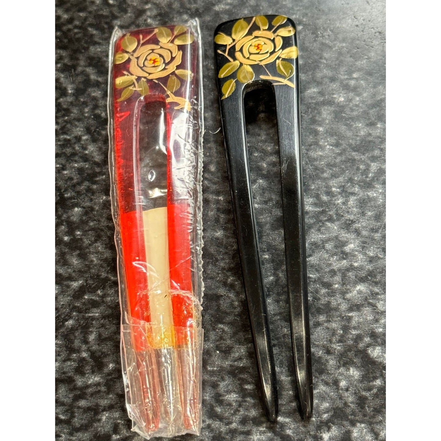 Vtg Two Japanese Kanzashi Hair Stick Floral Hand Made Hand Painted Gold Powder Traditional Japanese Hair Ornaments Japanese Hair Pin