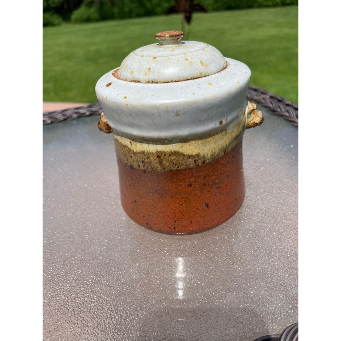 Vtg Handmade Studio Art Fine Pottery Vessel With Lid Glazed Brown Beige Unique Construction Signed 81