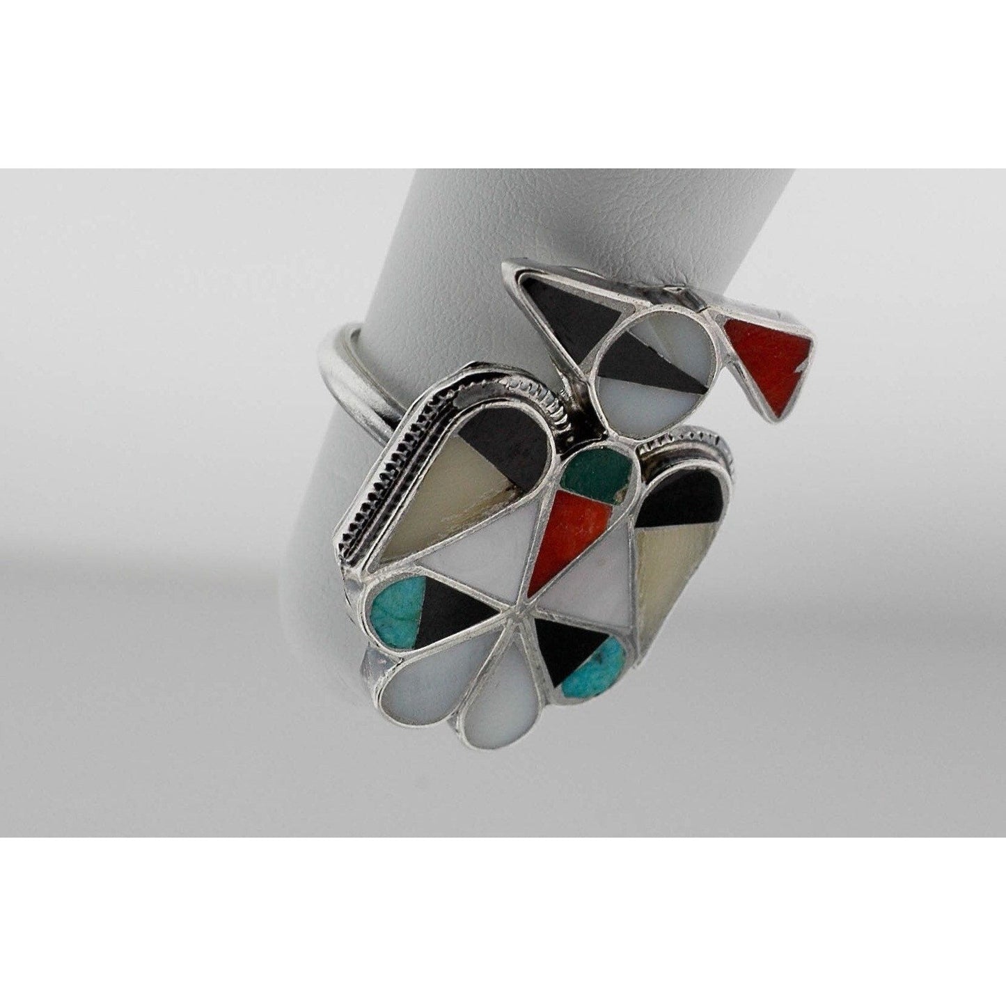 Vtg 1960's Zuni Thunderbird Turquoise Mother Of Pearl Onyx Coral Bezel Set In Sterling Silver Ring Size 3 1/4