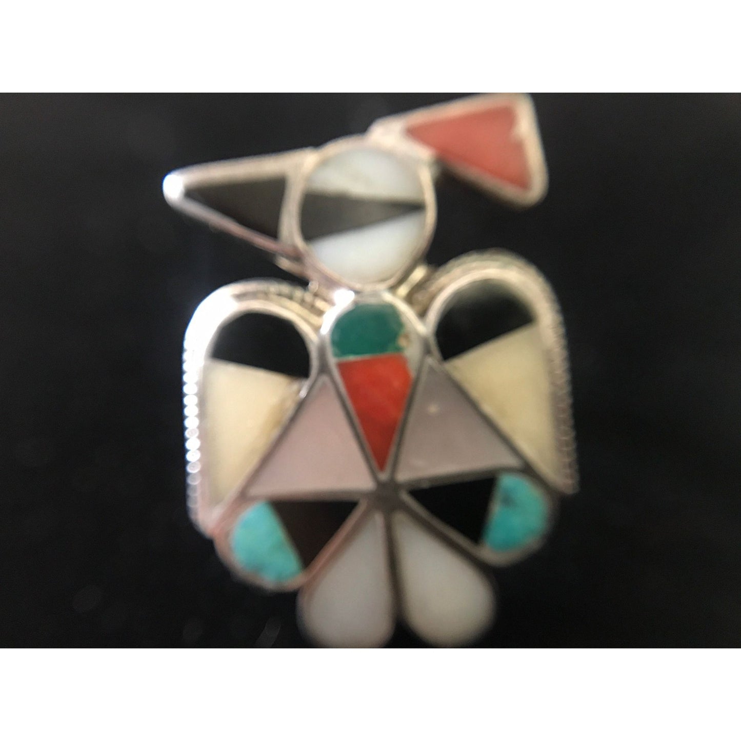 Vtg 1960's Zuni Thunderbird Turquoise Mother Of Pearl Onyx Coral Bezel Set In Sterling Silver Ring Size 3 1/4