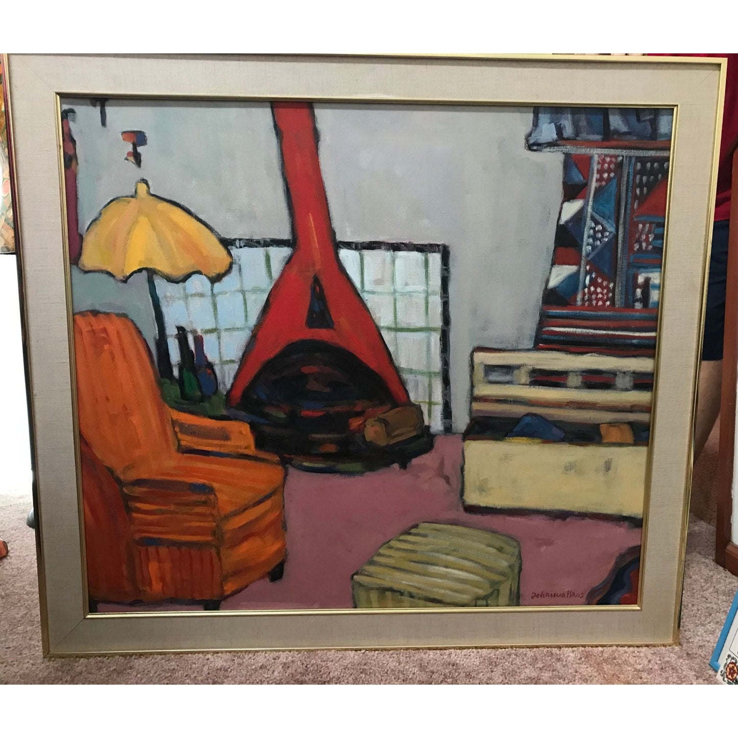 Vintage 1970's Johanna Haas Oil On Canvas Painting,  "Our Fireplace Up North", Signed Framed Matted