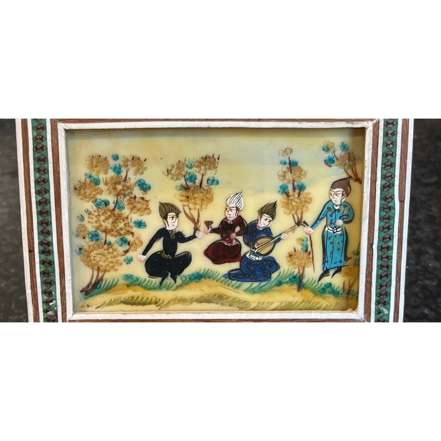 Vtg Handmade Painting 4 People One Playing An Oud Micro Mosaic Indo Persian Moorish Art Inlaid Wood Marquetry Framed Miniature