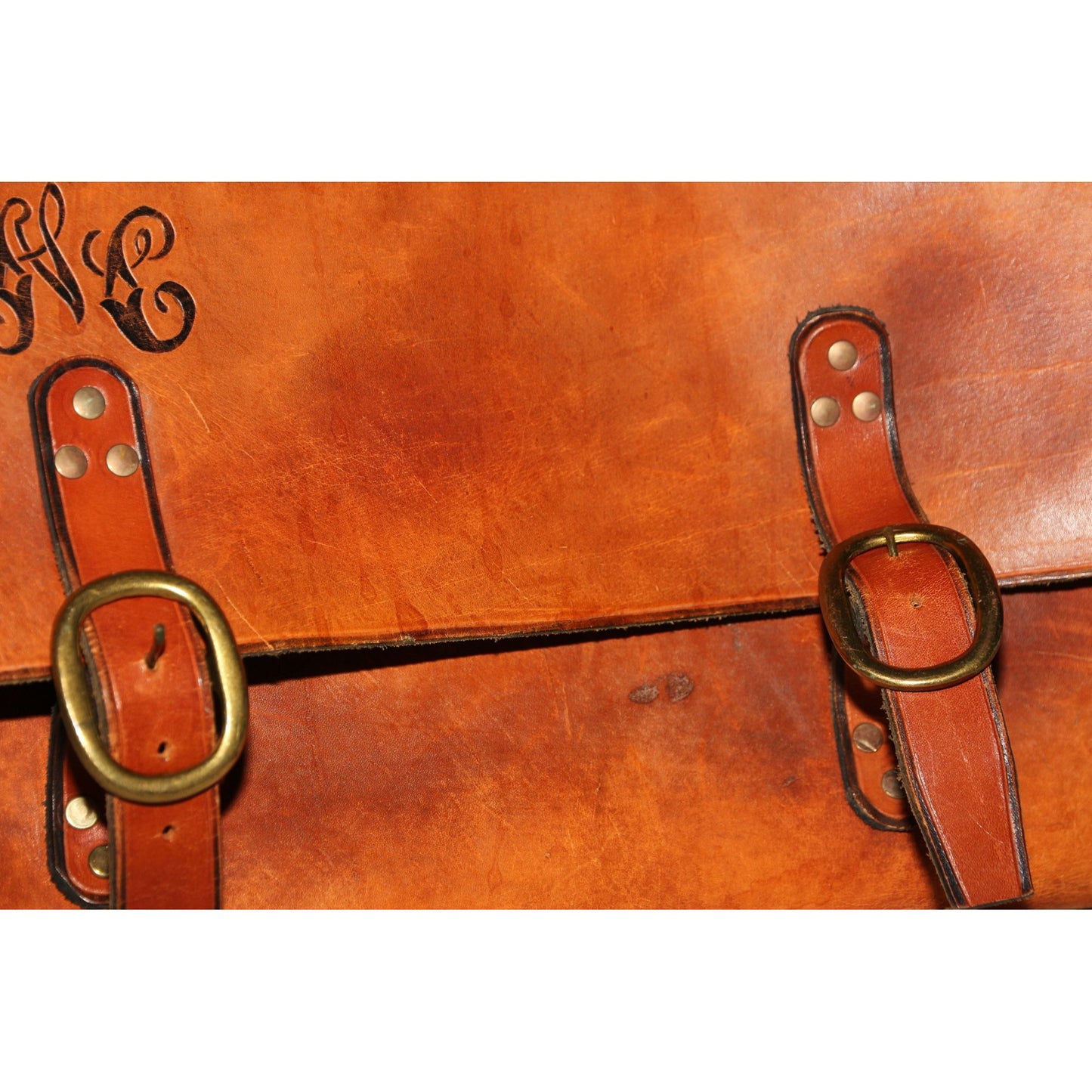 1970's Handmade Leather Attaché Bag Initials B M C Buckle Brass Closure Custom Made Vintage