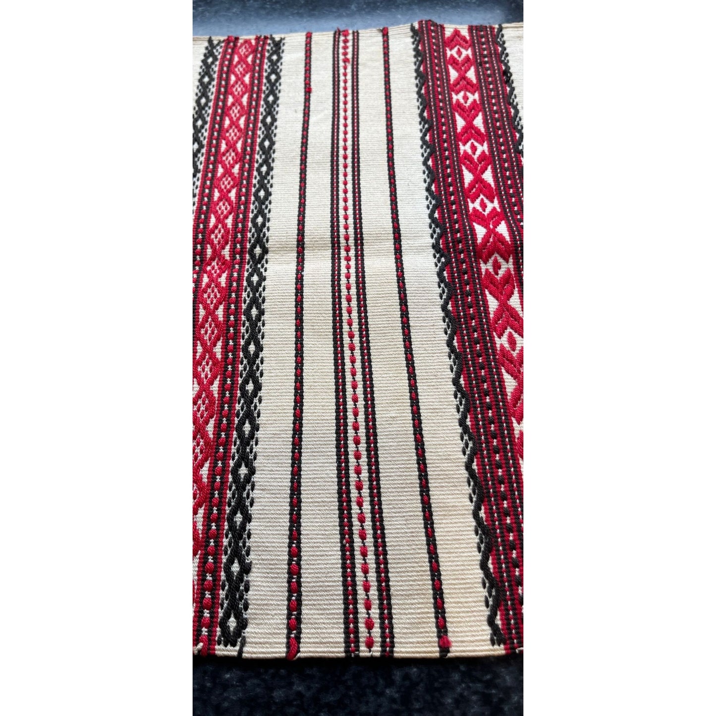 Vtg Handmade Romanian Handwoven Fabric Table Runner White Red Black Classic Romanian Textile Pattern Cotton 18 1/2" x 12"