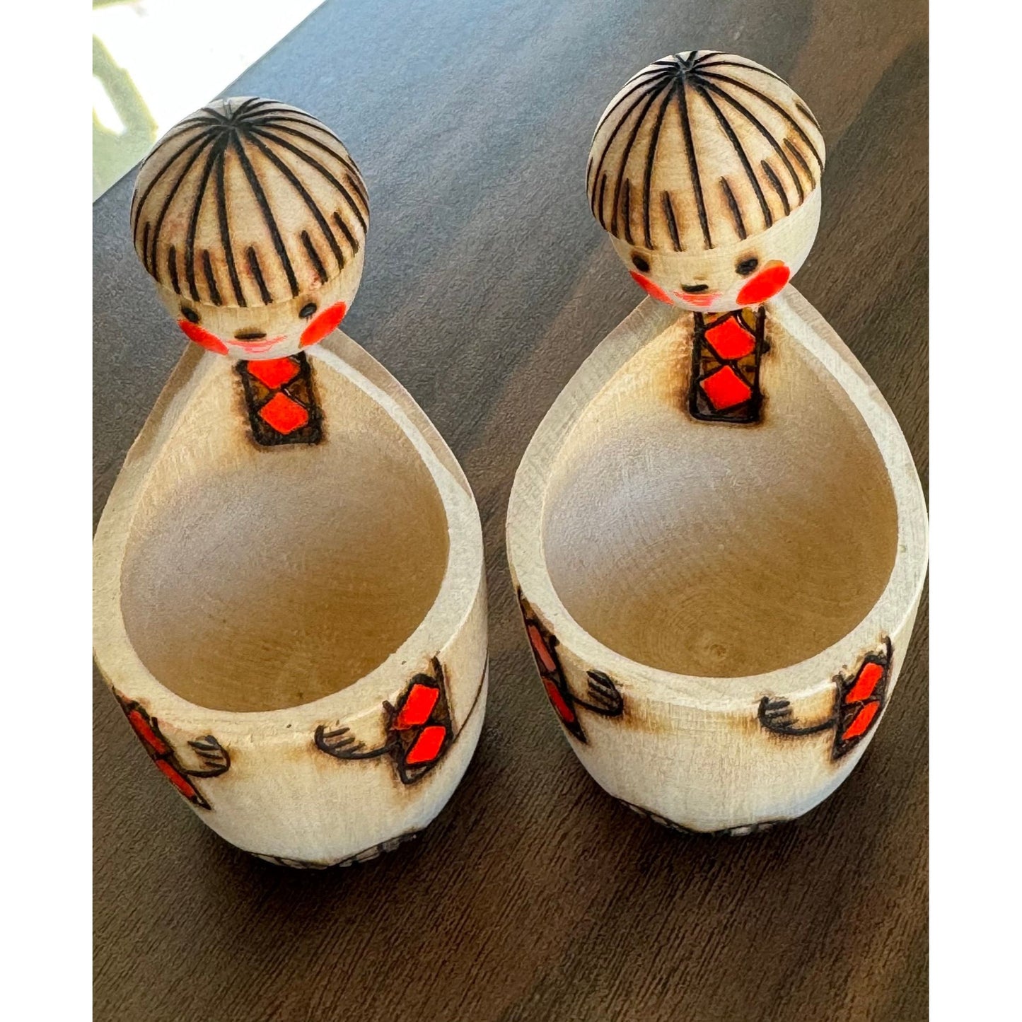 Vintage 1979 Pair of Russian Wooden Folk Art Dolls "Salt Shaker" Original Label Made In USSR Hand Painted