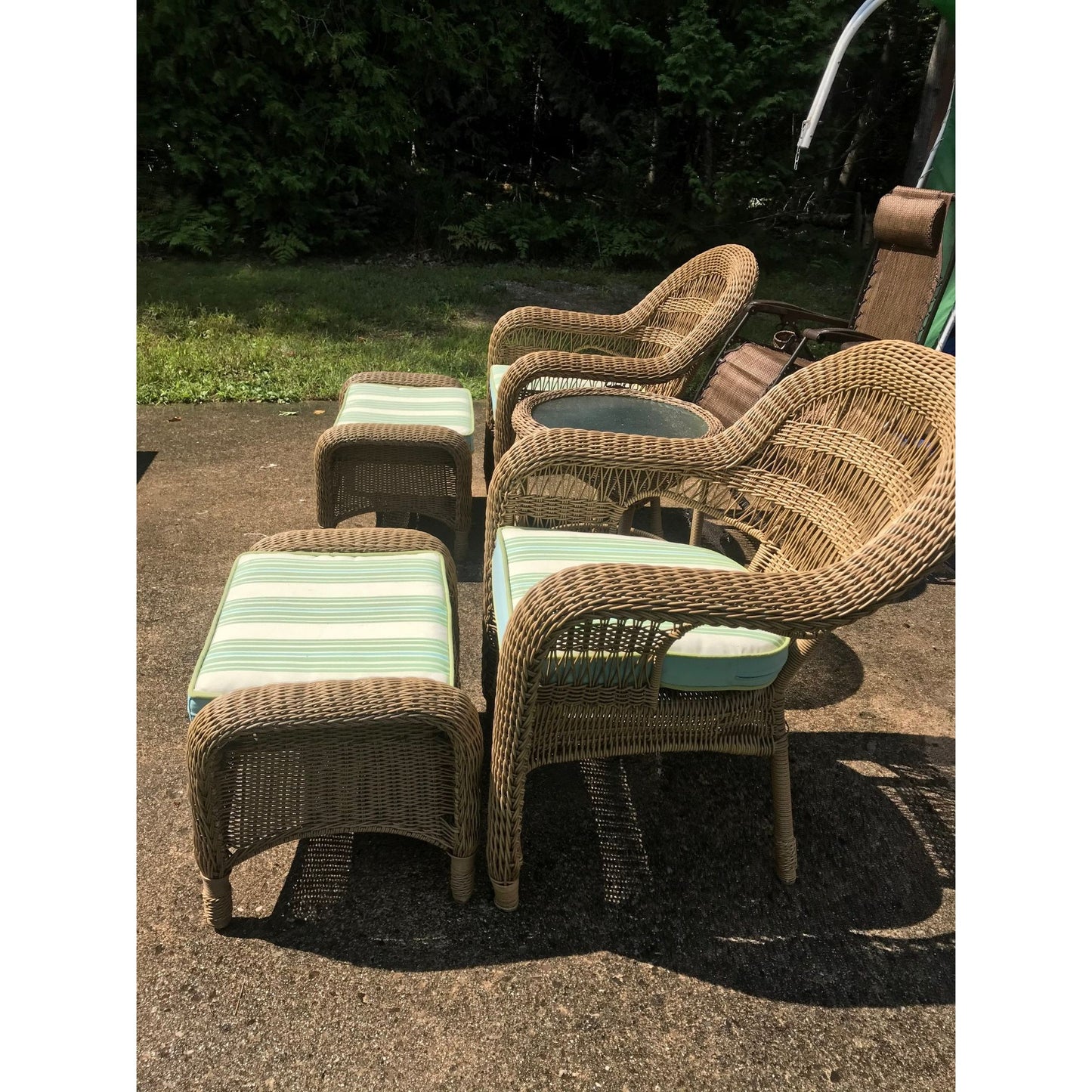 Vintage 5 Piece Rattan Patio Set With Cushions By Grand Basket Company 2 Arm Chairs 2 Ottomans 1 Table & Cushions