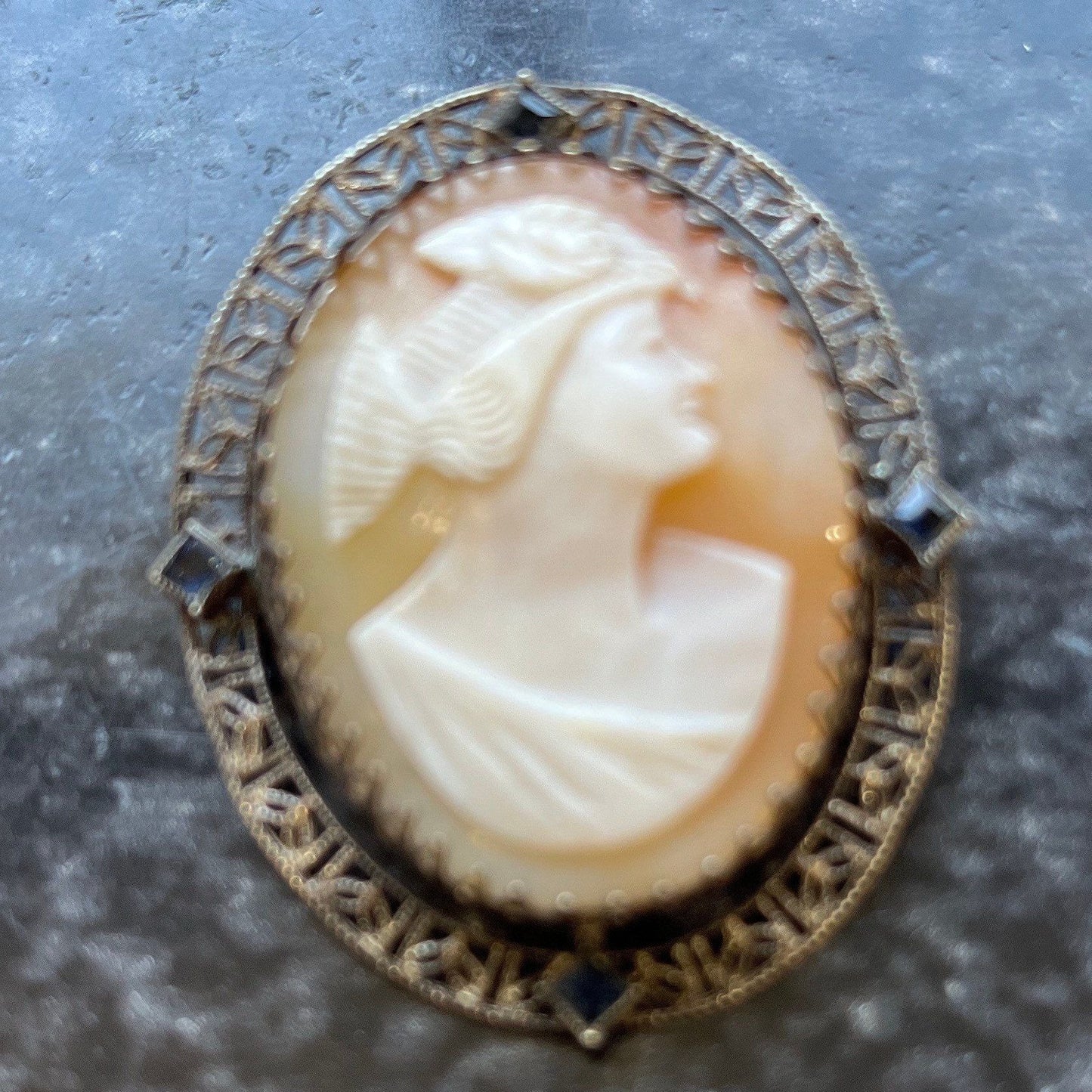 Antique Italian Shell Cameo Sterling Silver Pin or Pendant With 4 Tiny Synthetic Diamond Shaped Sapphires