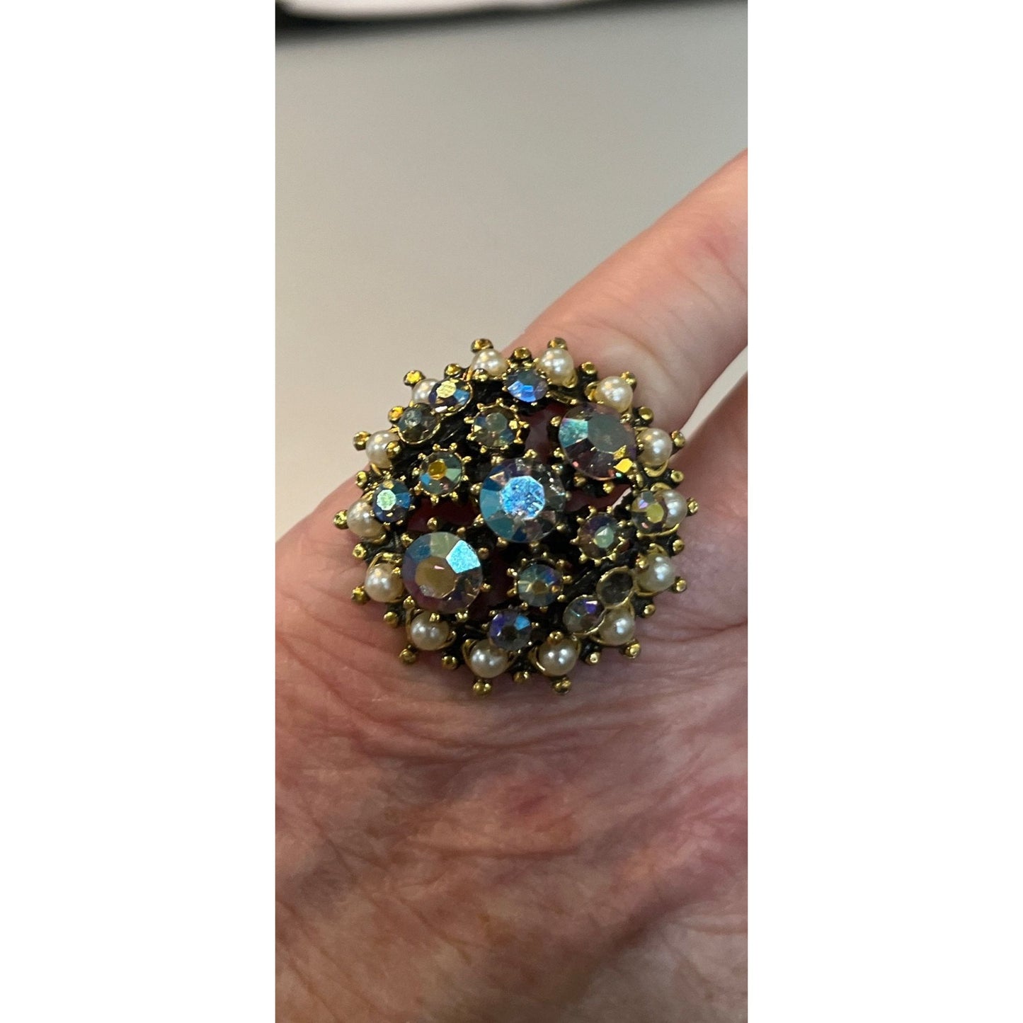 Vintage 1940's -50's Rhinestone Large Domed Ring Layered Mid Century Adjustable Costume Jewelry 2" Wide Purples