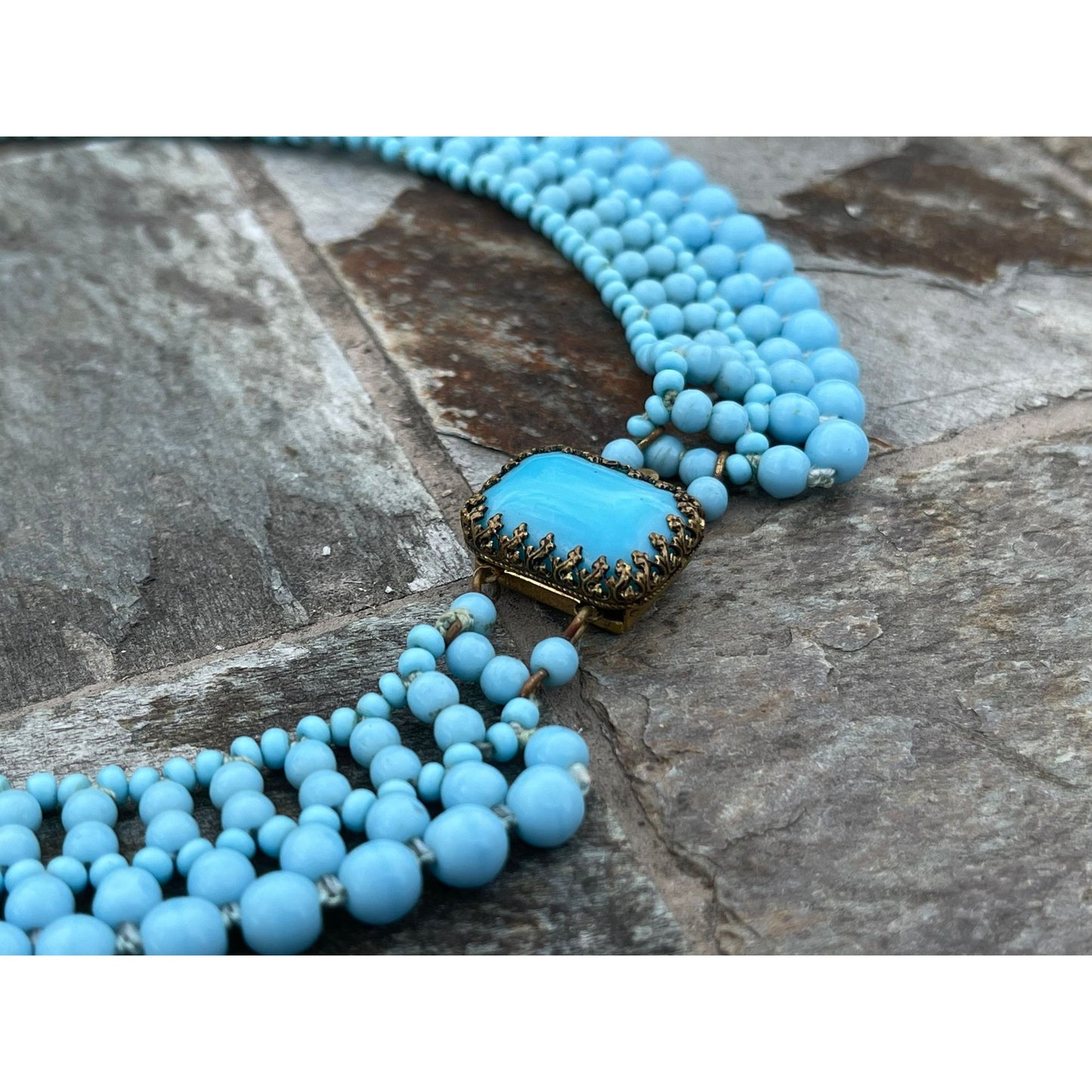 Vintage 1940's Handmade Egg Shell Blue Beaded Collar Necklace Woven Various Size Beads Lovely Clasp