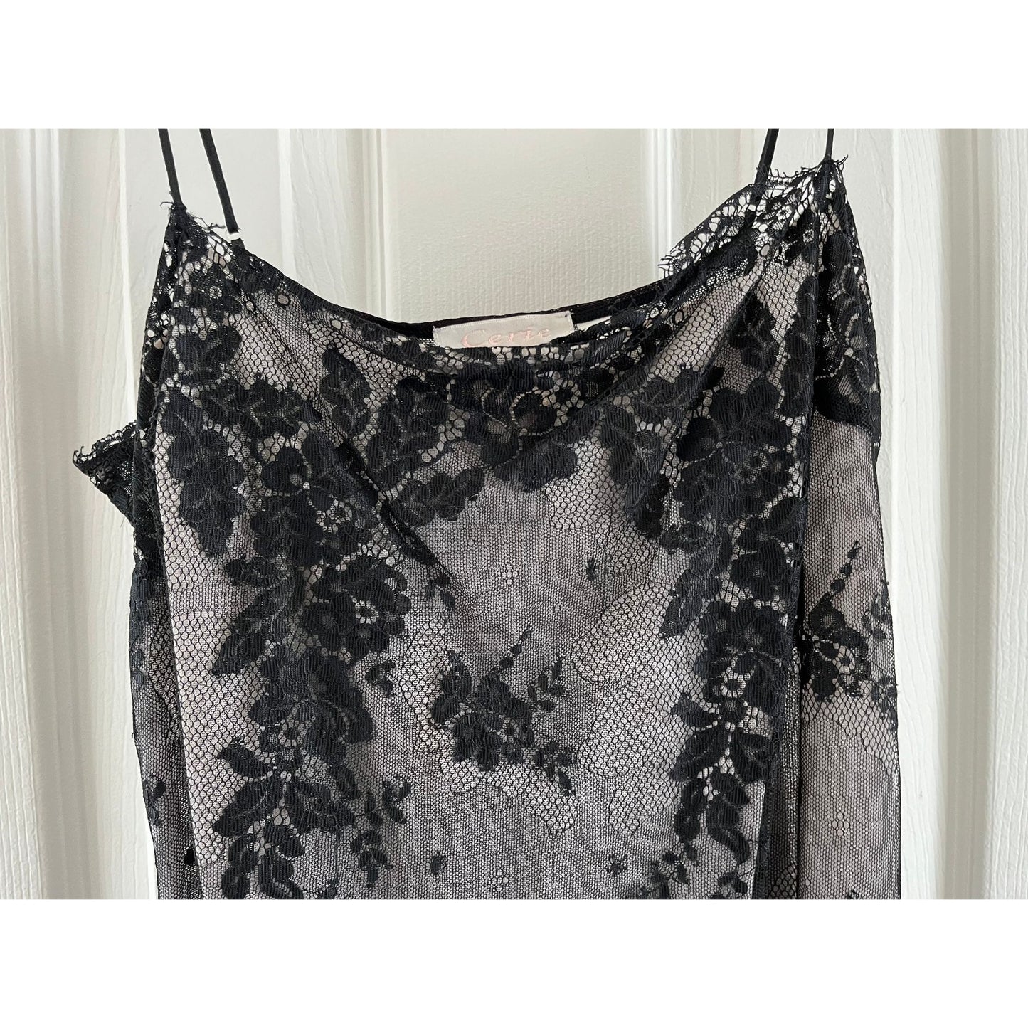 Vtg Cerie Lingerie Black Lace Floral Pattern Front Lined Negligee Size S/P Adjustable Straps