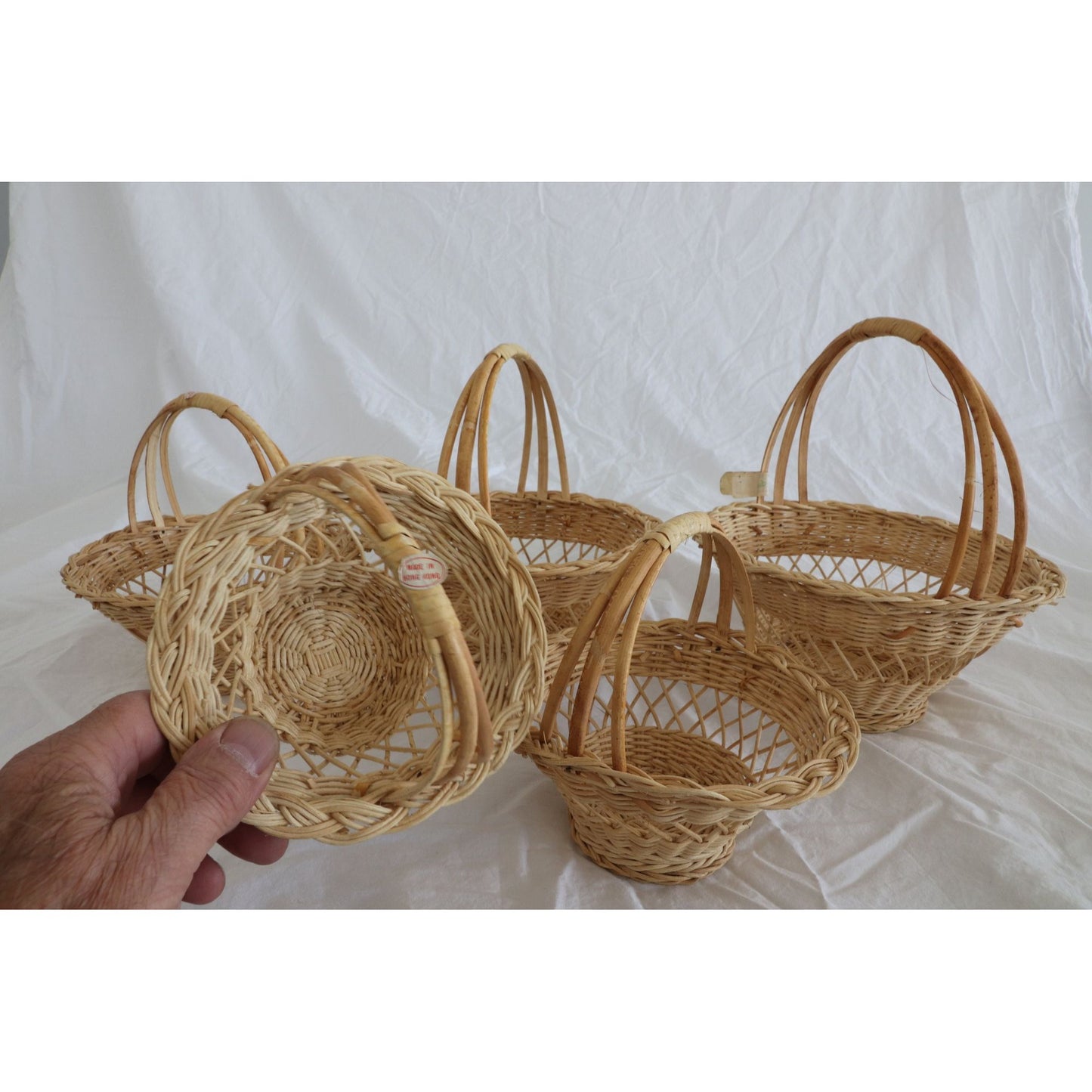 Vintage 5 Nesting Straw Baskets Handmade New With Tags Made In Hong Kong