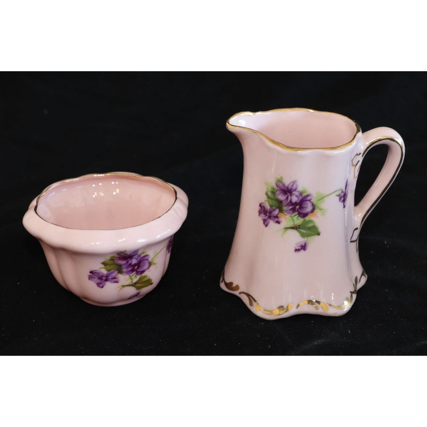 Vintage Leneige Creamer & Sugar Dish Burbank CA 1934-1955 Pink Porcelain Lavender Flowers Gold Trim