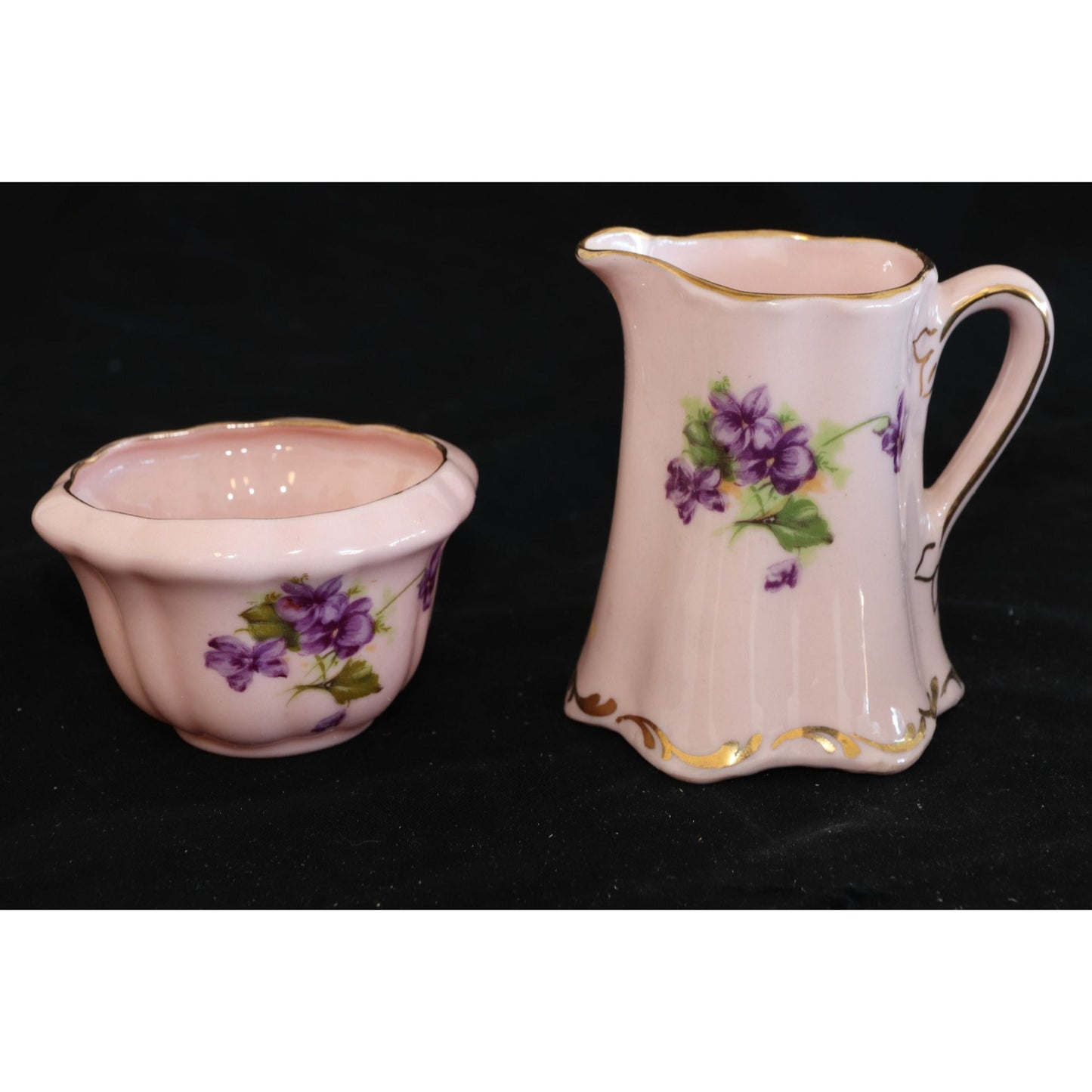 Vintage Leneige Creamer & Sugar Dish Burbank CA 1934-1955 Pink Porcelain Lavender Flowers Gold Trim