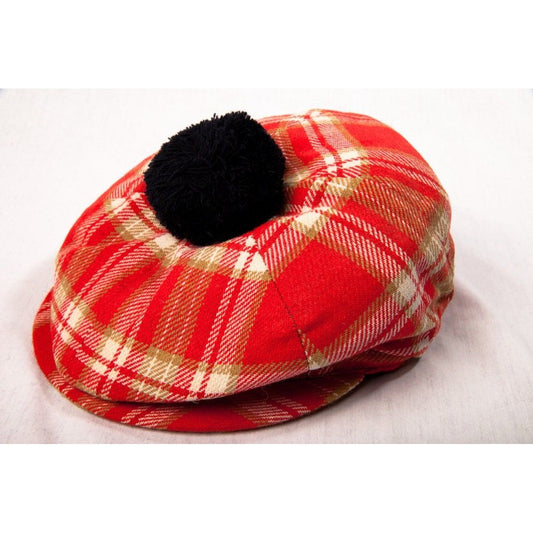 Vtg 1960's Hand Tailored Foxhunter Cap Hat Shannon Airport Ireland Tan & Red Plaid Pom Pom Vintage