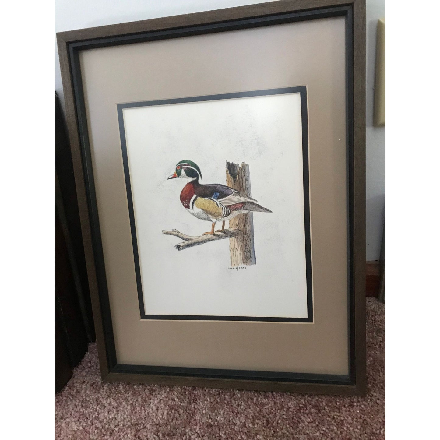 Vtg John Heath Michigan Artist "Wood Duck" Framed 1970's