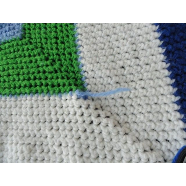 Vtg Very Large Handmade Crocheted Bedspread Afghan Blues Green White Square Pattern 116" x 102"