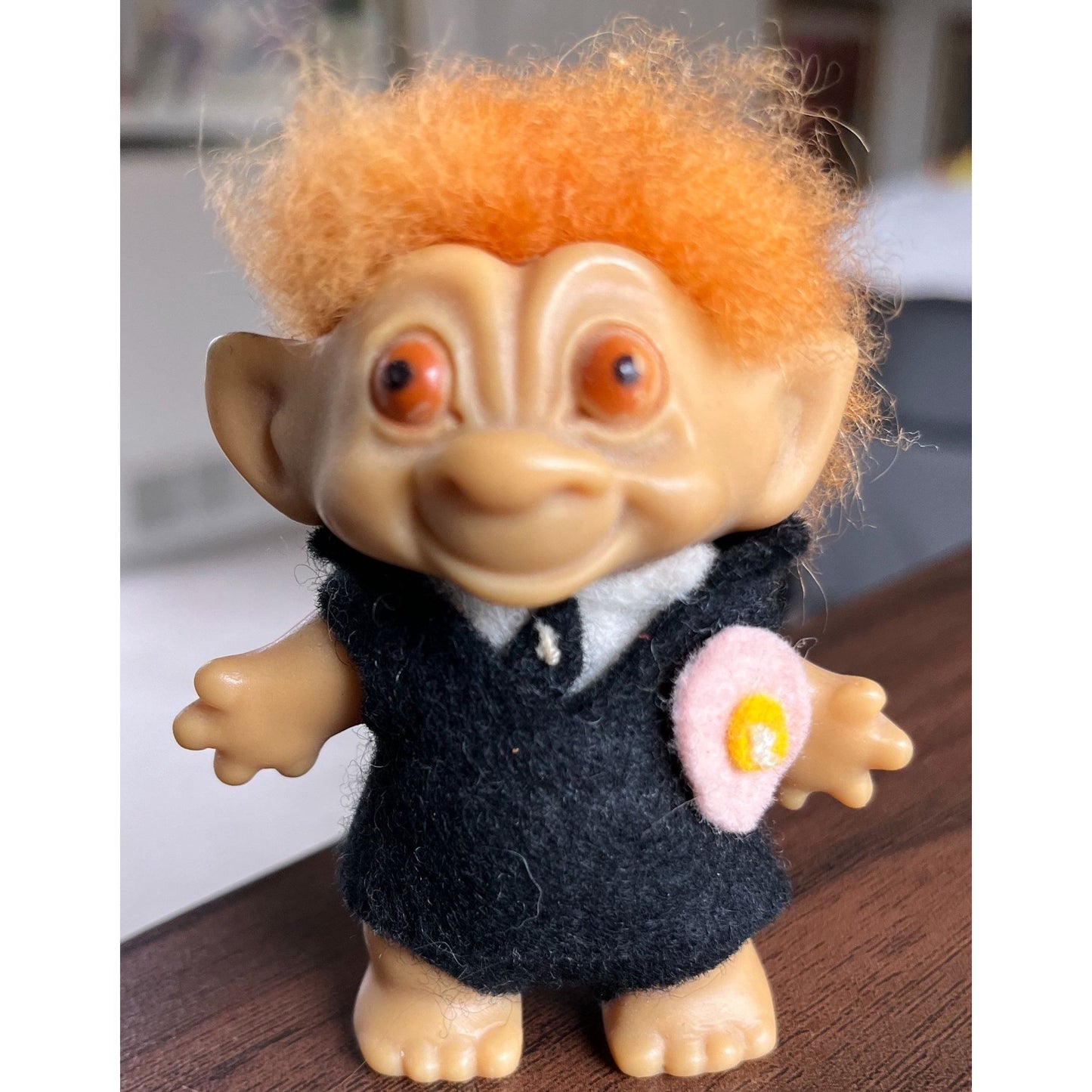 Vtg 1960's Rootie Tab Neck 3” Troll Doll with Short Orange Hair and Bulgy Orange Eyes Handmade Groom Of The Wedding