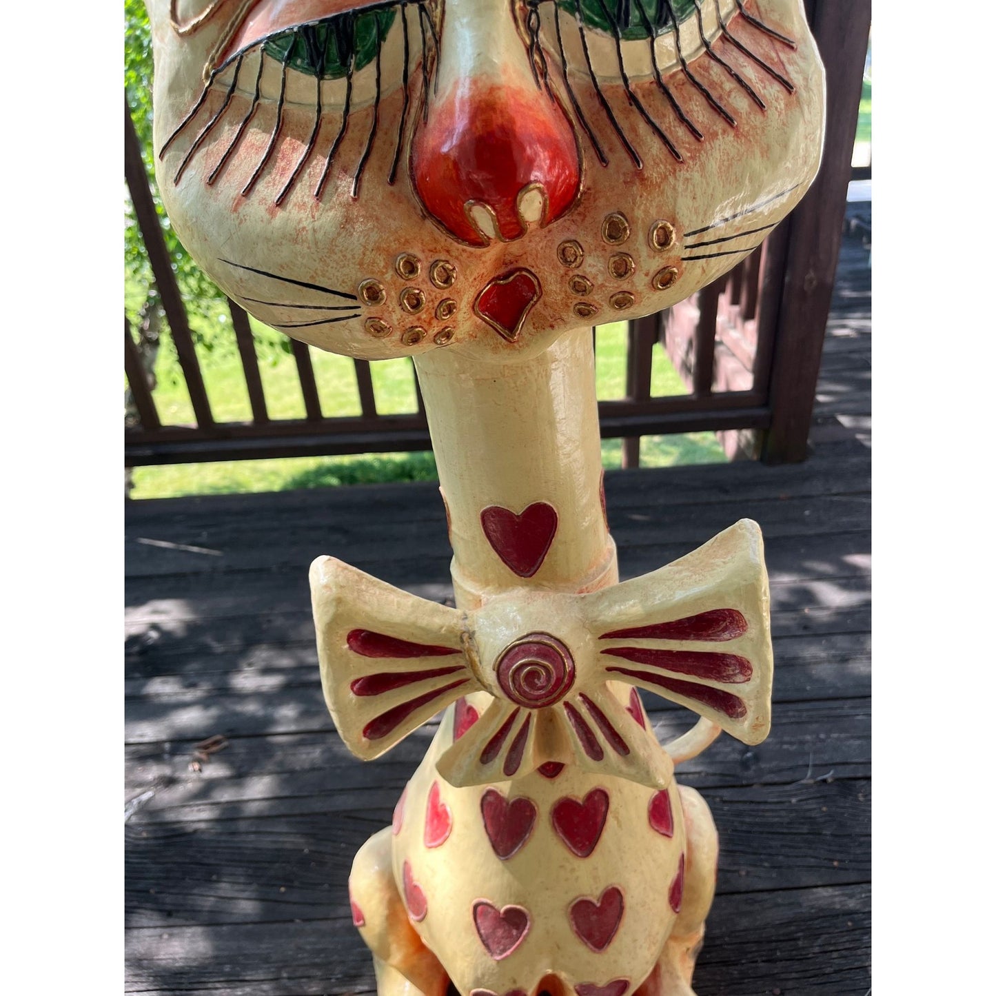 Vtg 50's-60's Jeanne Valentine Paper Mache Cat Of Hearts Sculpture Handmade Folk Art Mexican Tlaquepaque Mexico 42" Original Label On Base