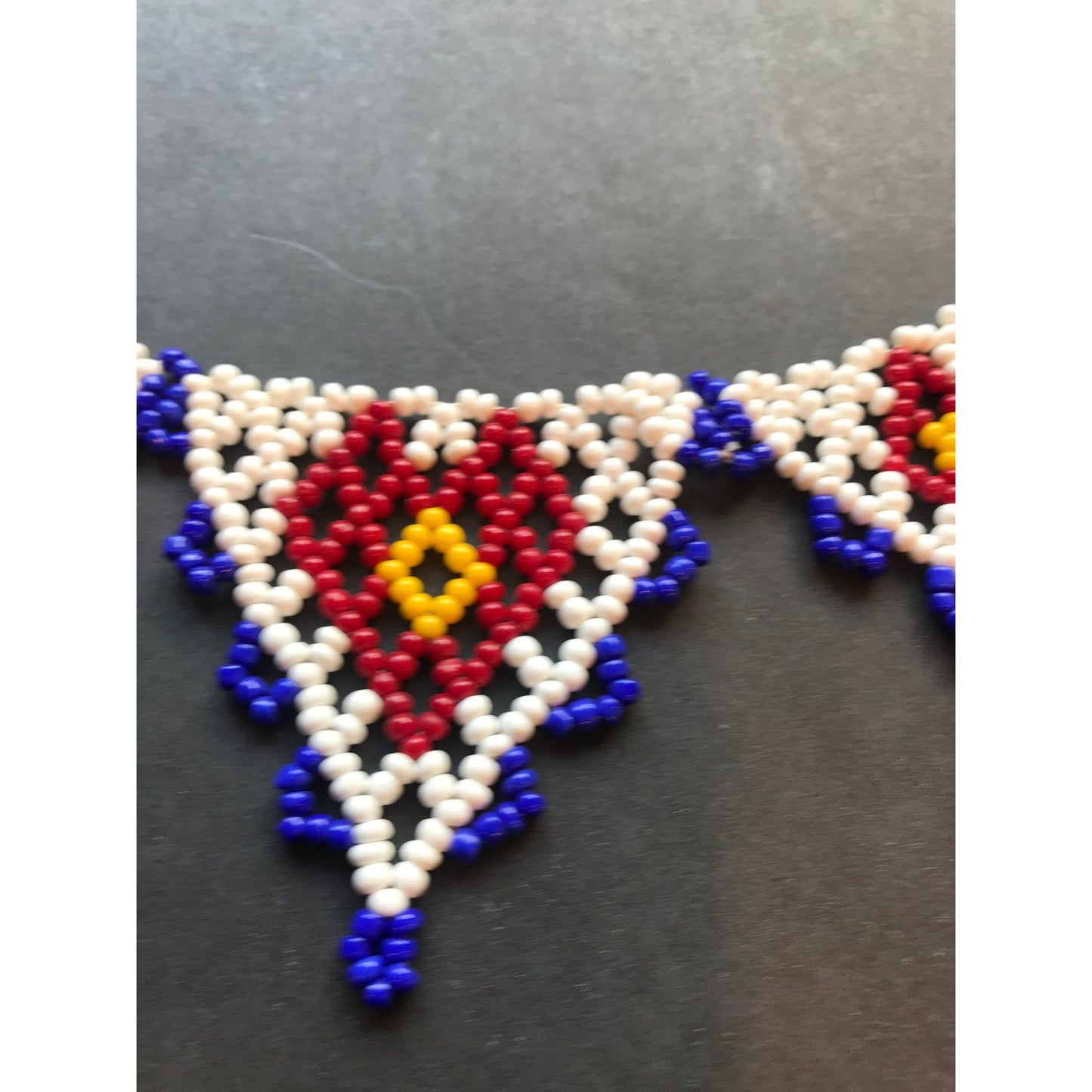 Vtg 1970's Hand Beaded Yoke Or Net Style Necklace 5 Beaded Triangles White Blue Red Yellow Pan Tribal