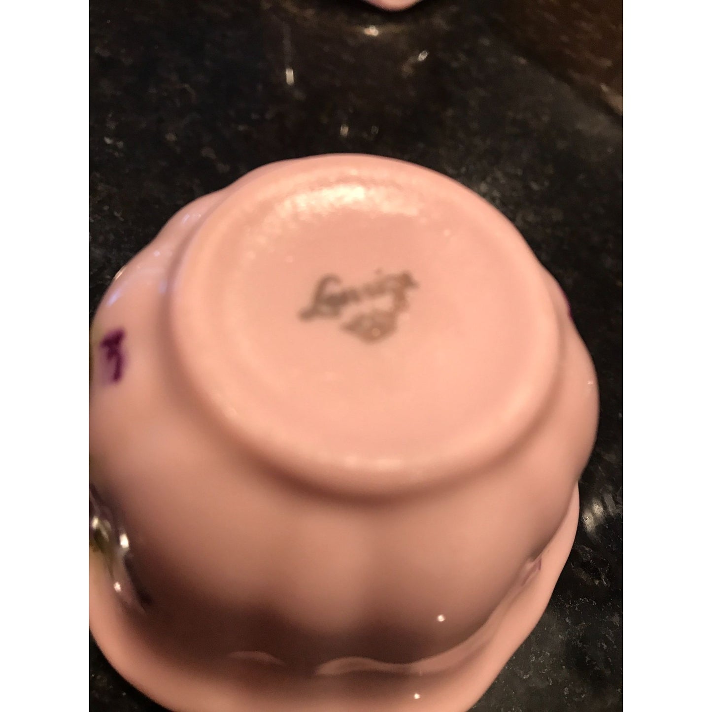 Vintage Leneige Creamer & Sugar Dish Burbank CA 1934-1955 Pink Porcelain Lavender Flowers Gold Trim