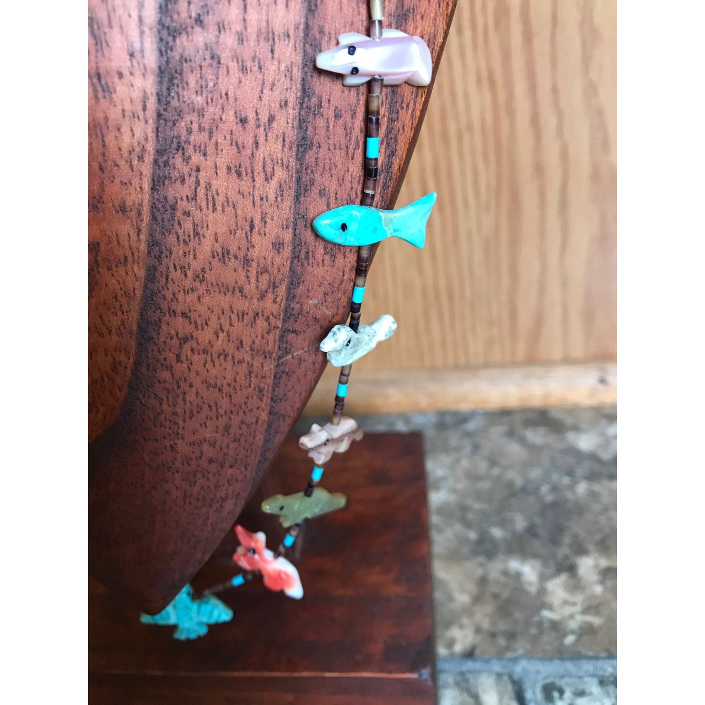 Vtg Zuni Fetish Necklace Native American Hand Carved Turquoise Thunderbird Center Various 20 Animals & Stones