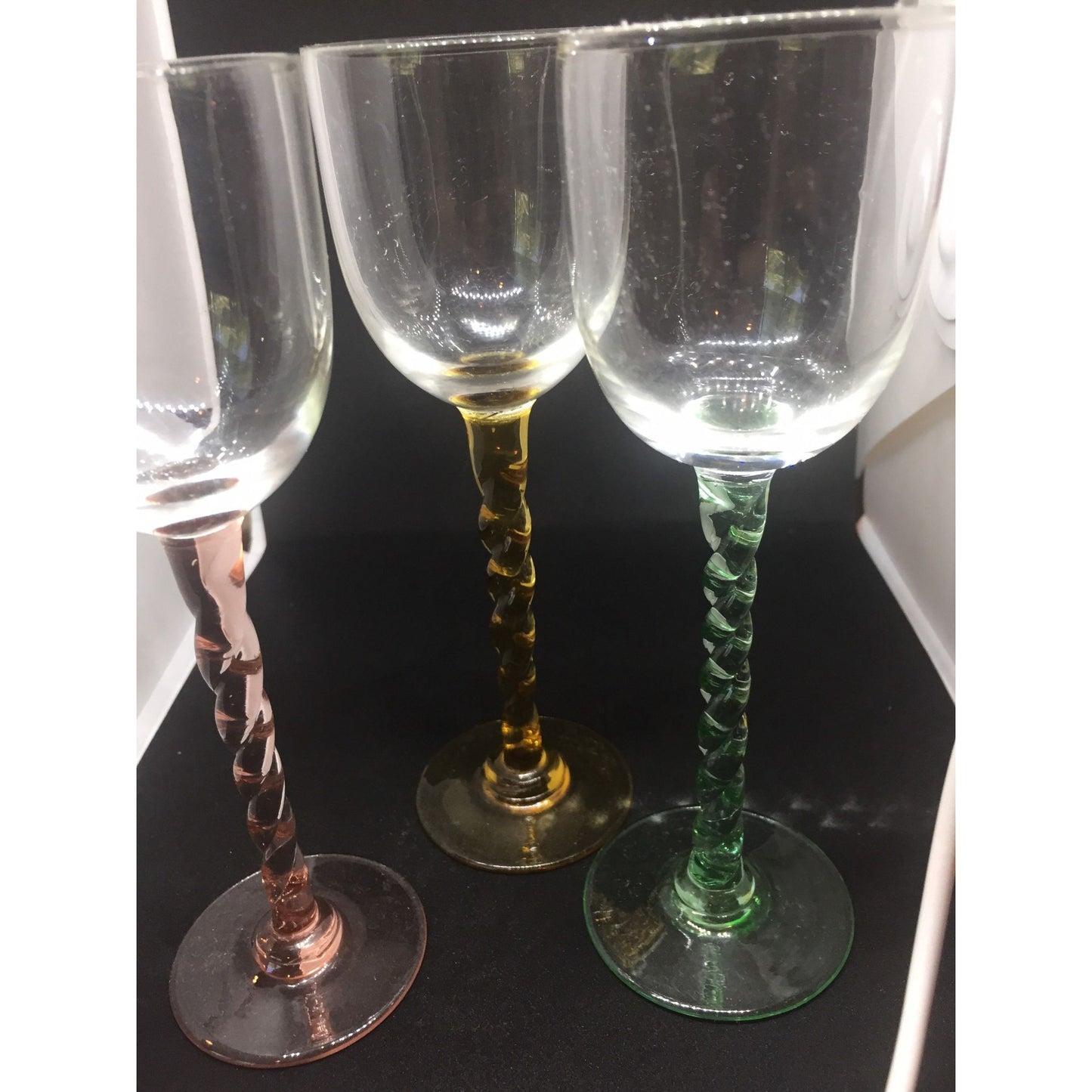 Vtg Set of 3 Liquor Venetian Glass Twisted Stems Yellow Pink Green Glass 3 Ounces 6 1/2" Tall